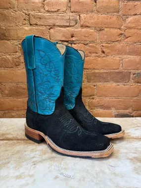 Fleece Soft Adjustable buckle Anderson Bean Women's Black Carpincho Capybara & 10 Turquoise/Teal Top Square Toe Cowgirl Boots 330493
