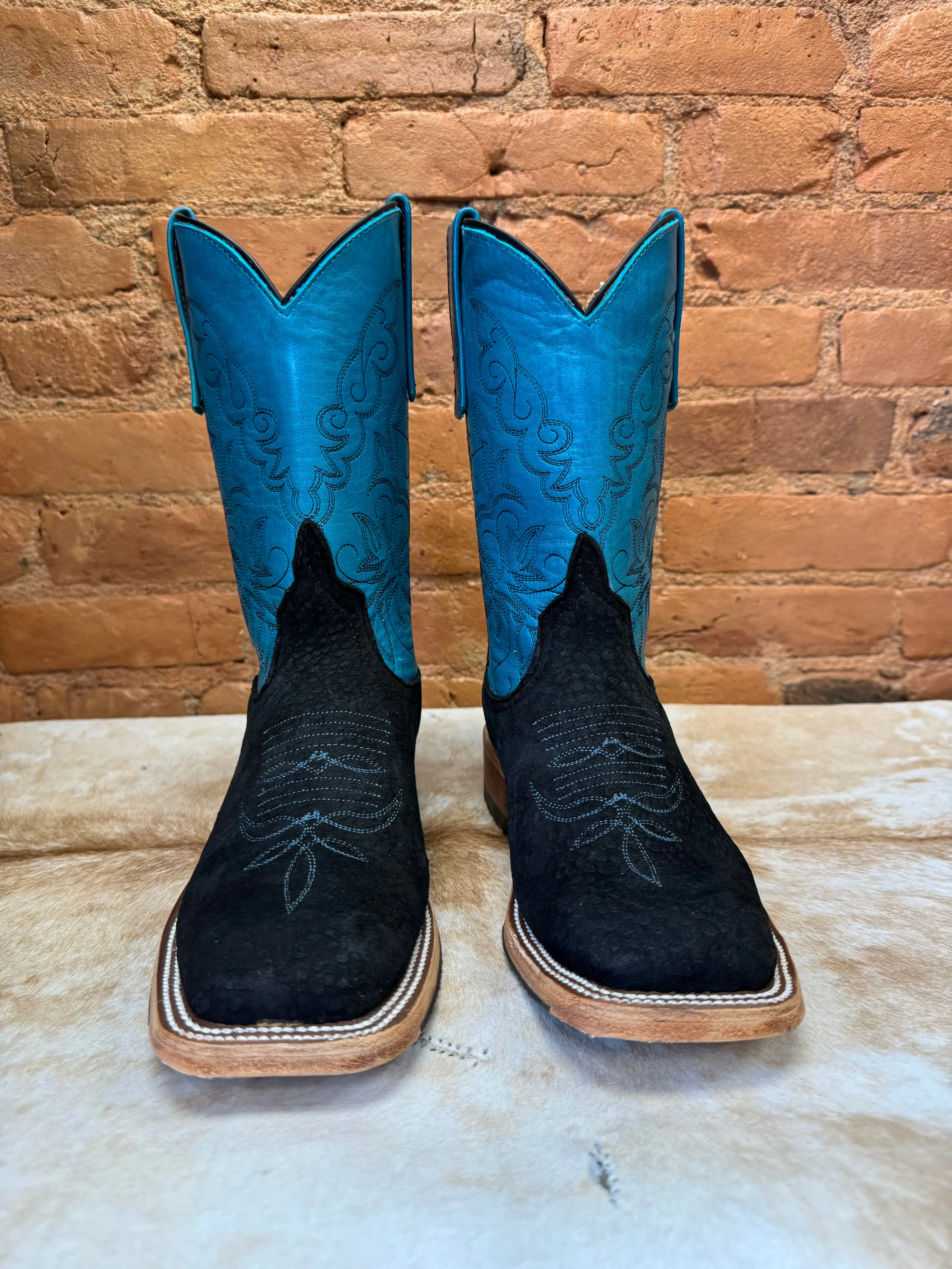 Anderson Bean Women's Black Carpincho Capybara & 10 Turquoise/Teal Top Square Toe Cowgirl Boots 330493 Long Last Elastic Goring