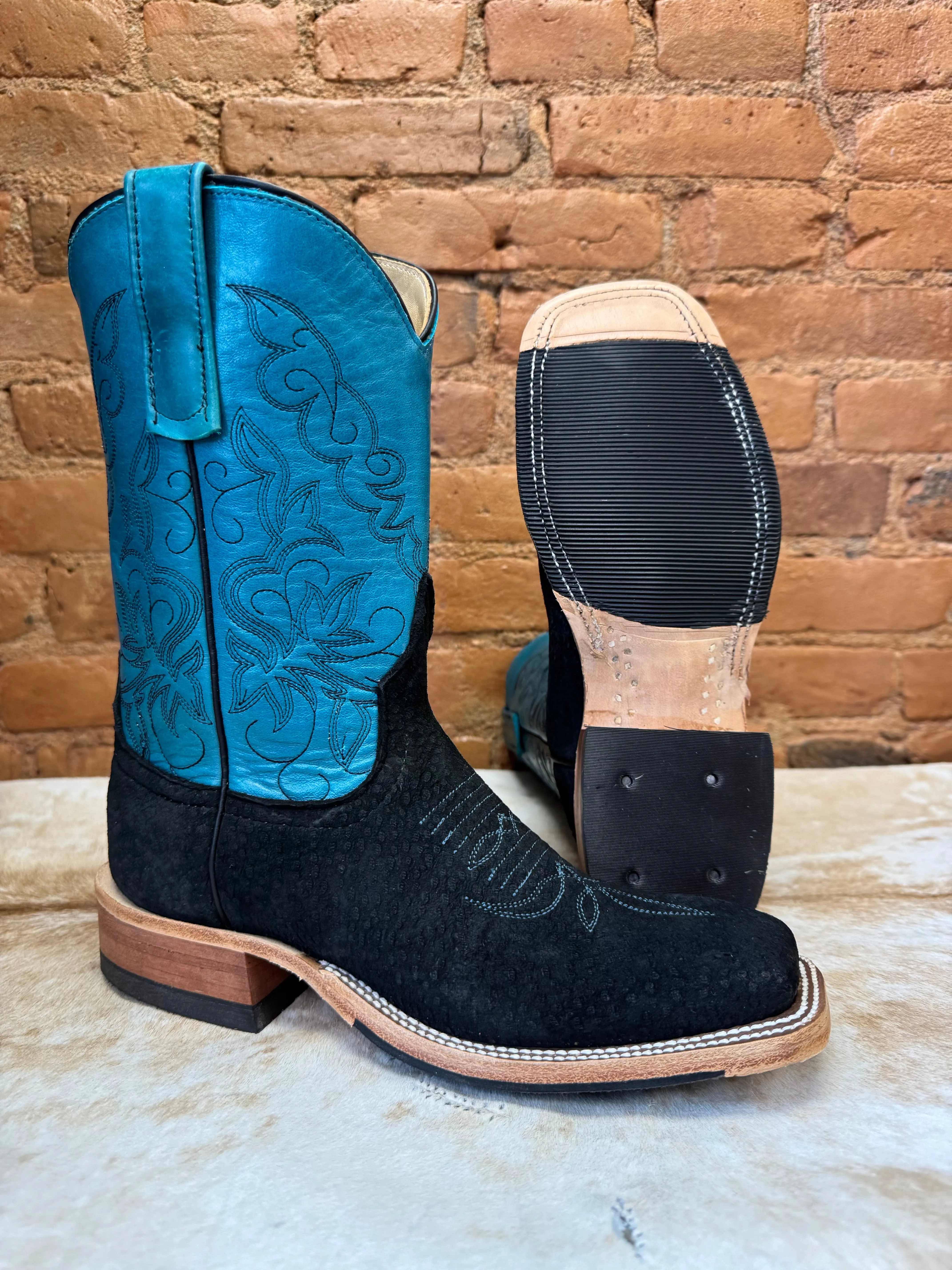 Anderson Bean Women's Black Carpincho Capybara & 10 Turquoise/Teal Top Square Toe Cowgirl Boots 330493 Soft Leather