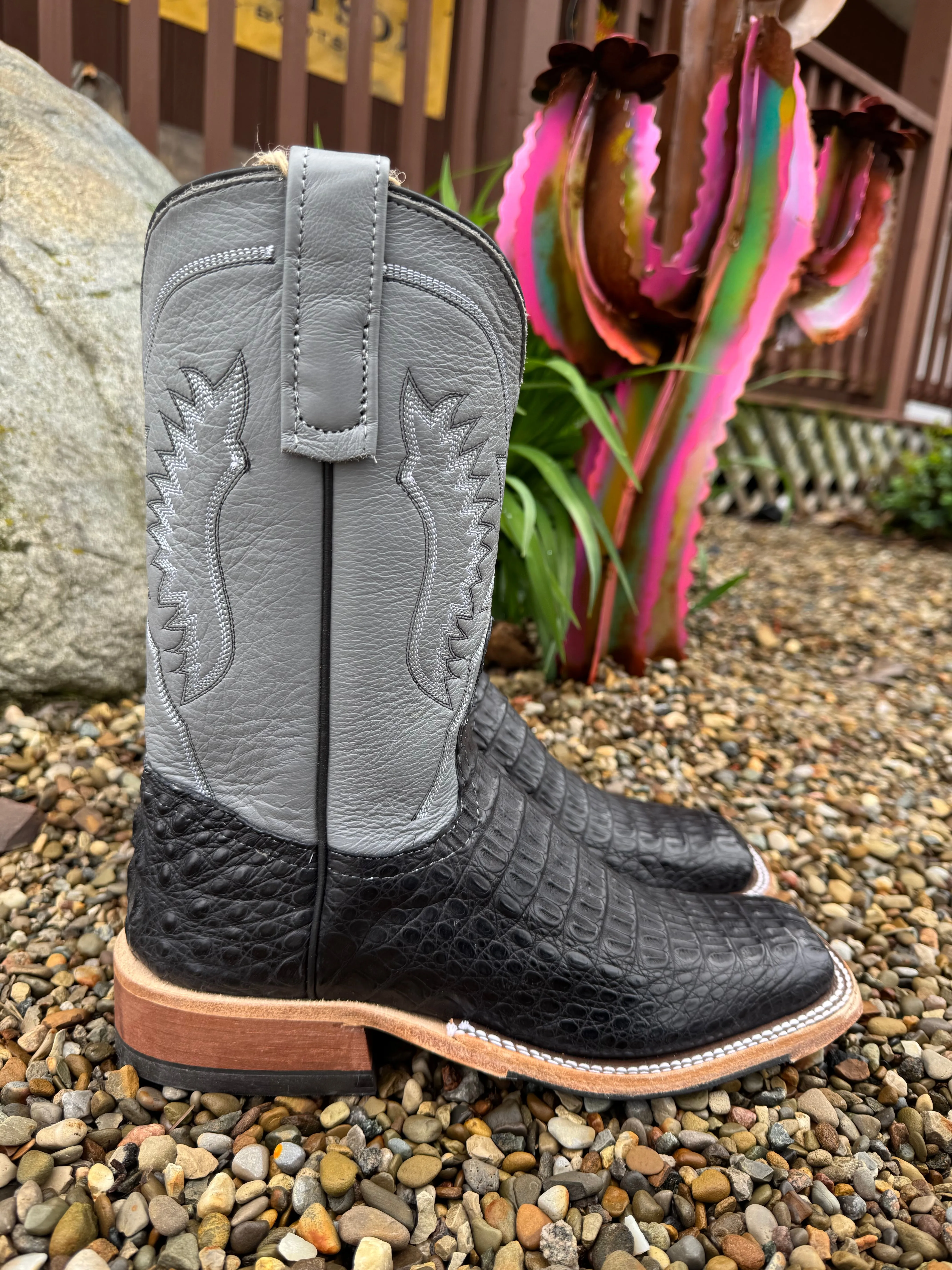 Anderson Bean Women's Black Lux Caiman & 10 Wedgewood Grey Deerskin Top Square Toe Cowgirl Boots 332206 All Purpose Tactical Build