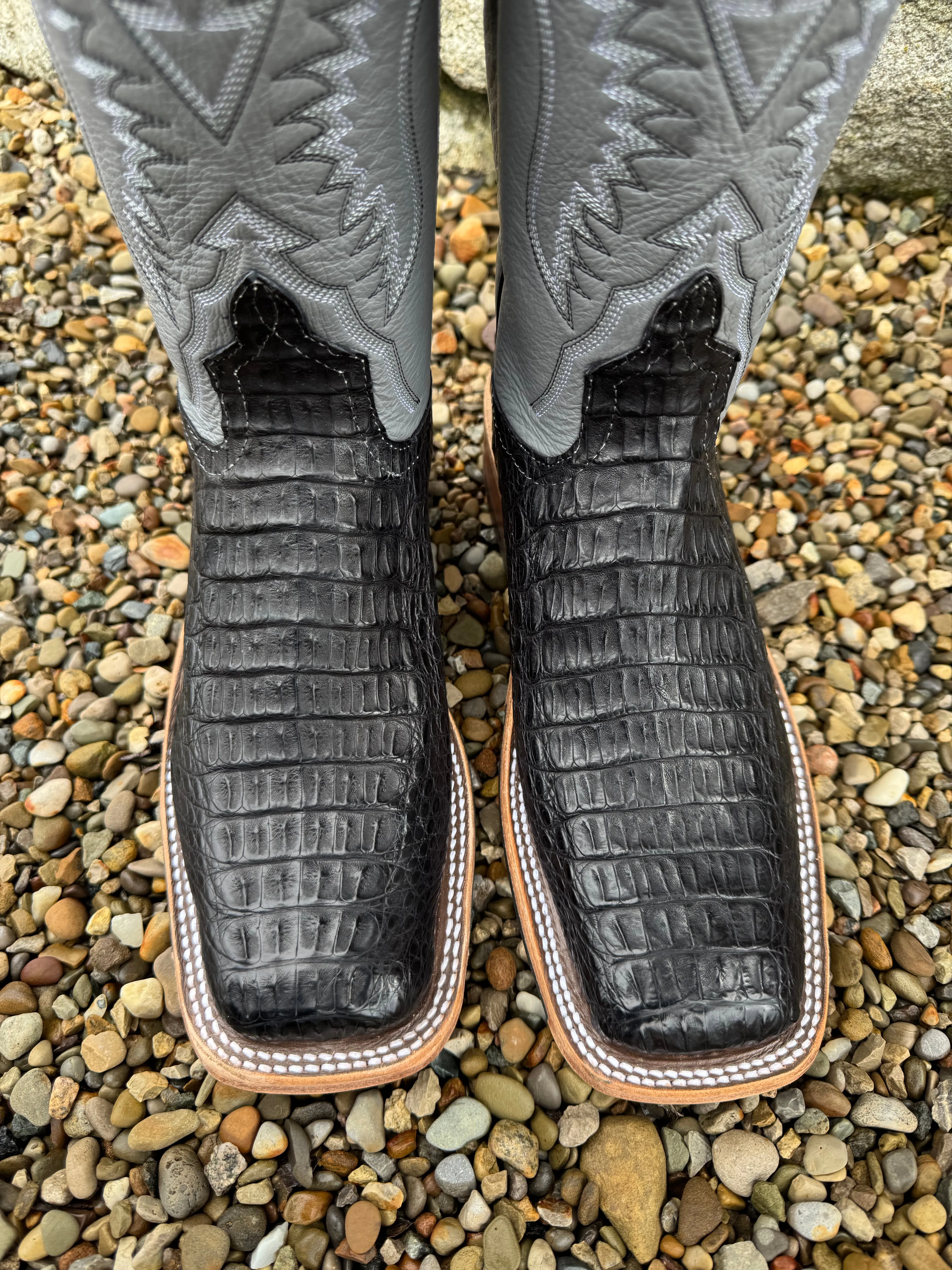 Anderson Bean Women's Black Lux Caiman & 10 Wedgewood Grey Deerskin Top Square Toe Cowgirl Boots 332206 Holiday Feel Stable