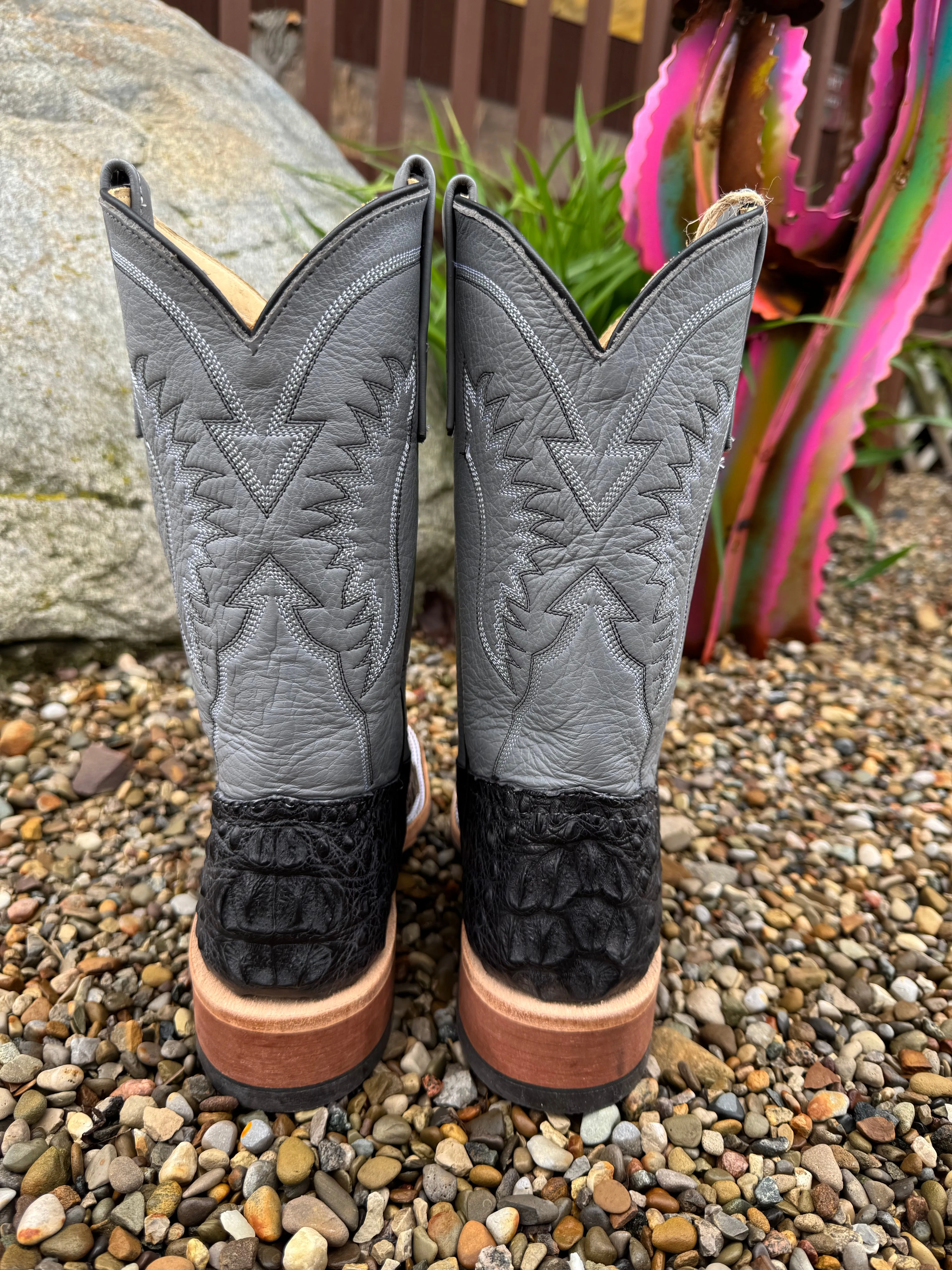 Anderson Bean Women's Black Lux Caiman & 10 Wedgewood Grey Deerskin Top Square Toe Cowgirl Boots 332206 Comfortable fit