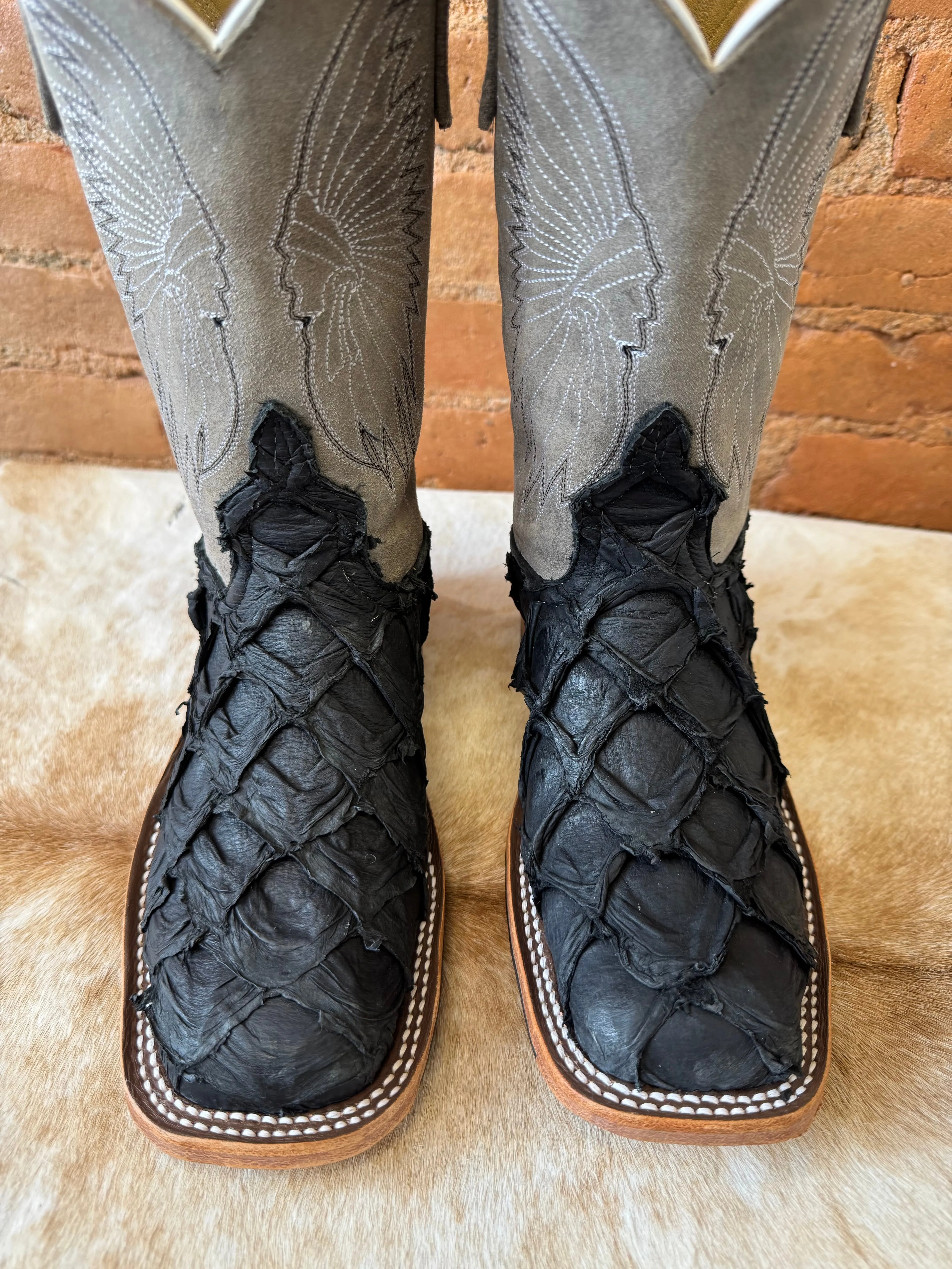 Anderson Bean Women's Black Matte Big Bass Arapaima & Stone Waxy Kudu 10 Square Toe Cowgirl Boots 333579 Field Travel well-made