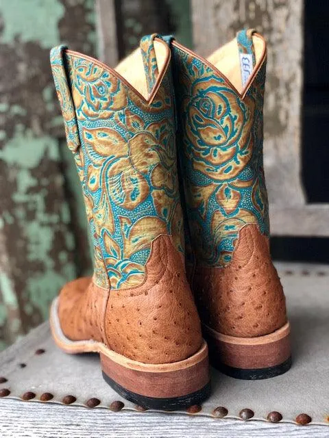 Smooth Finish Anderson Bean Women's Cognac Ostrich & Teal Havanna Tooled Leather Square Toe Cowgirl Boots 321804