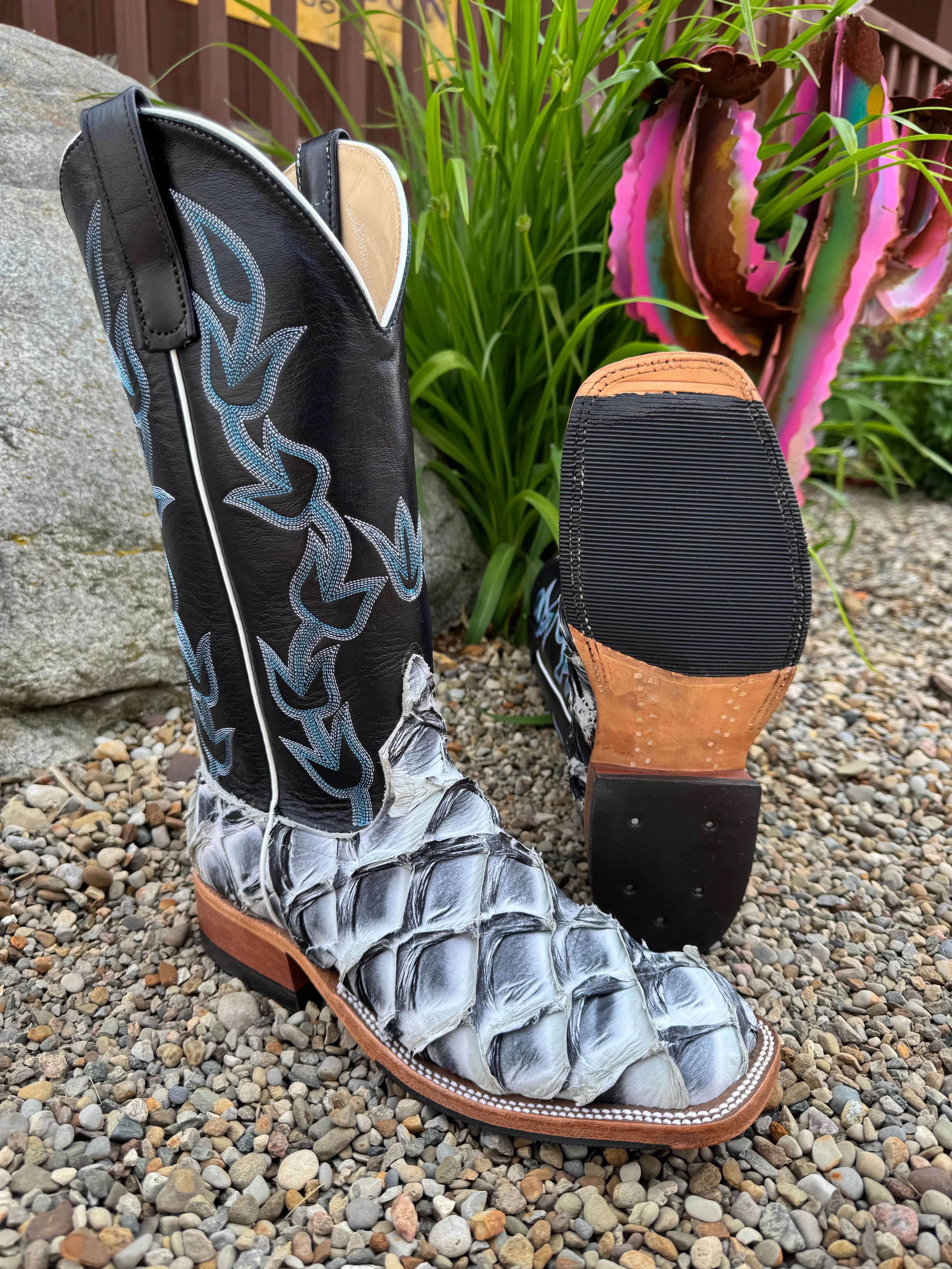 Anderson Bean Women's Ivory Eclipse Big Bass Pirarucu & Carbon Blue Milan Top Cowgirl Boots 336977 Protective Lining