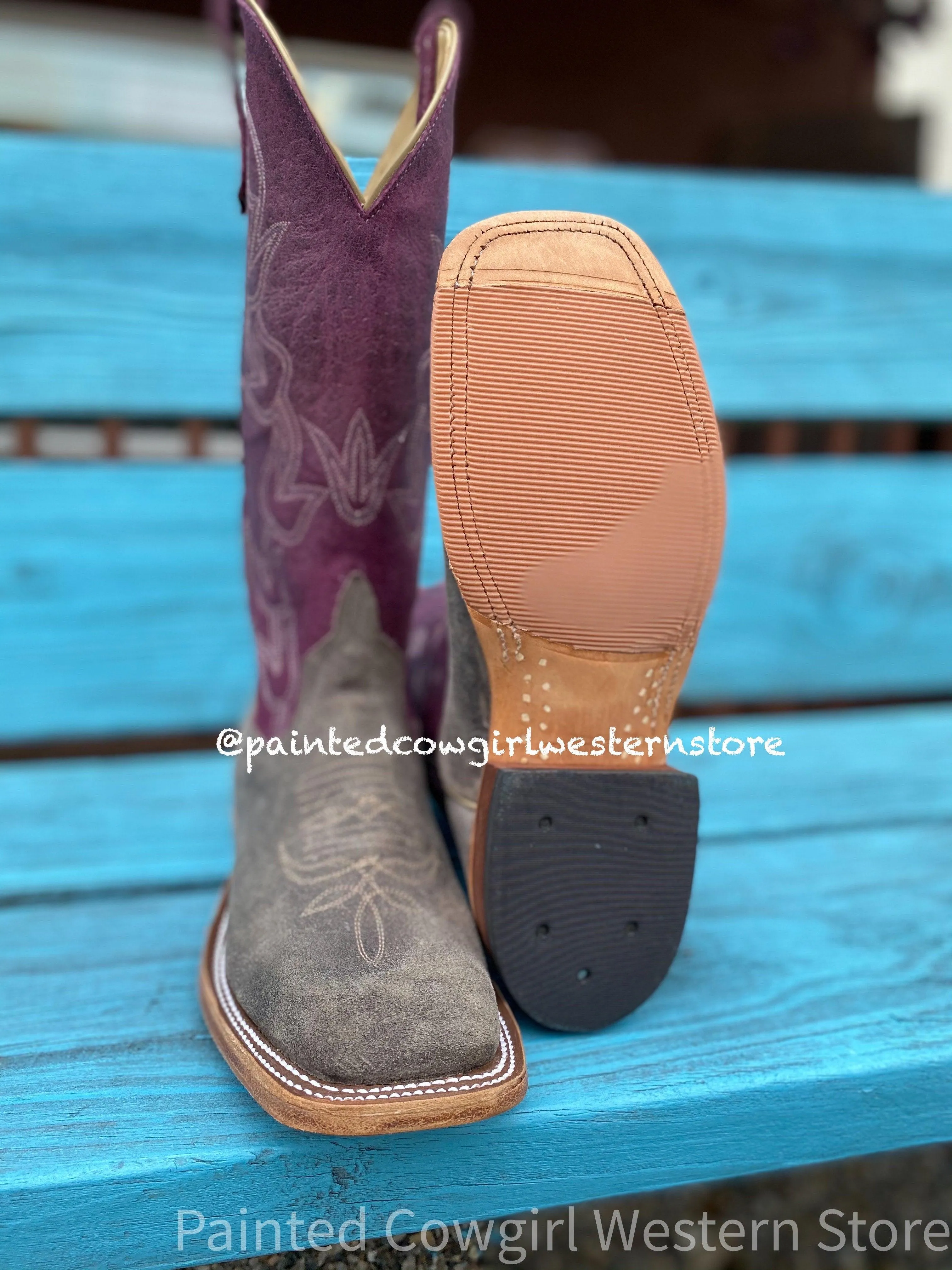 Anderson Bean Womens Stone Waxy Kudu and Sangria Sinsation Square Toe Cowboy Boots 330488 Strong Sole Memory Foam