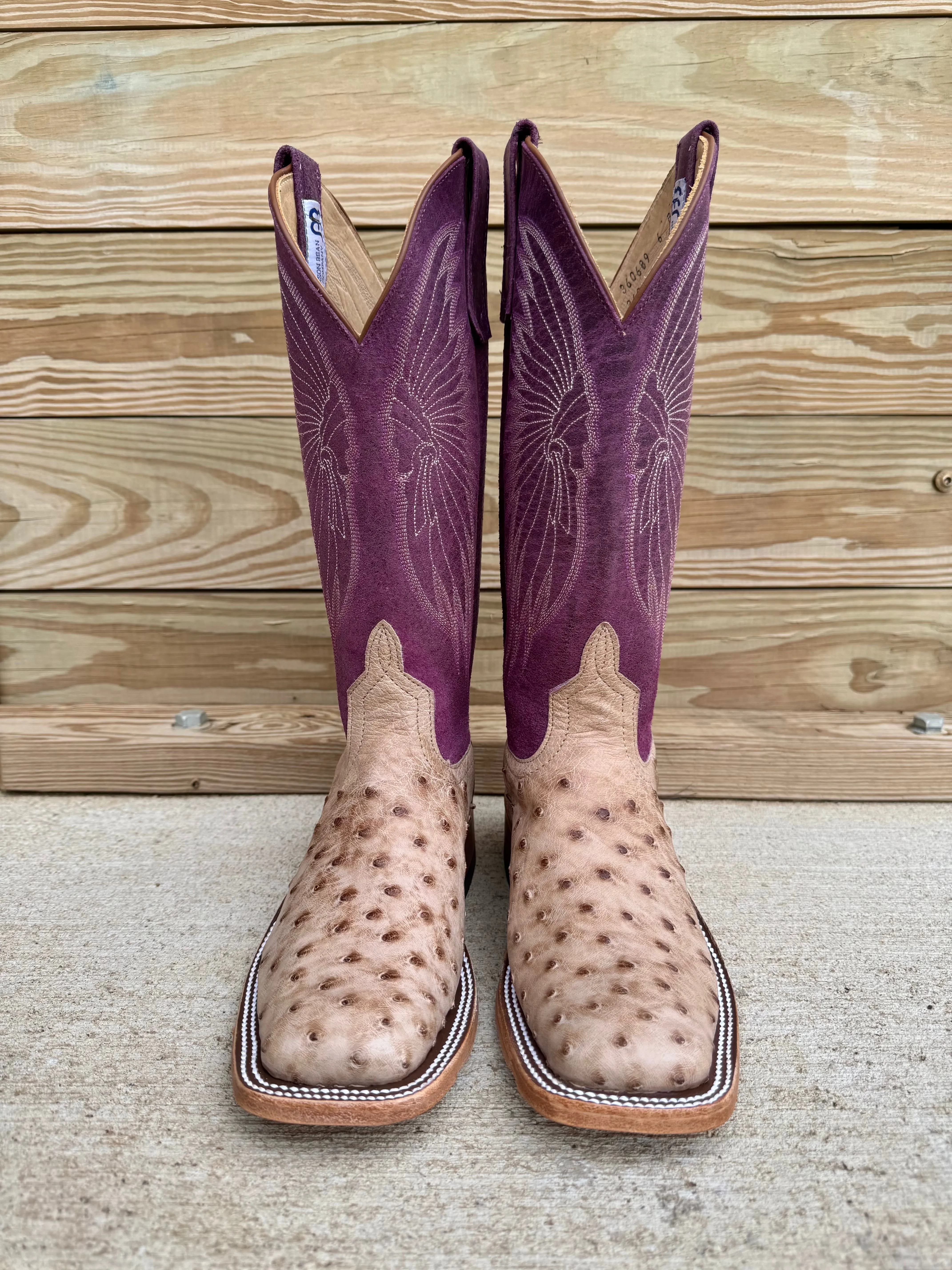 Warm And Comfortable Supportive Design Anderson Bean Women's Tan Vintage Bruciato Full Quill Ostrich & 13 Purple Sangria Sinsation Top Square Toe Cowgirl Boots 360689