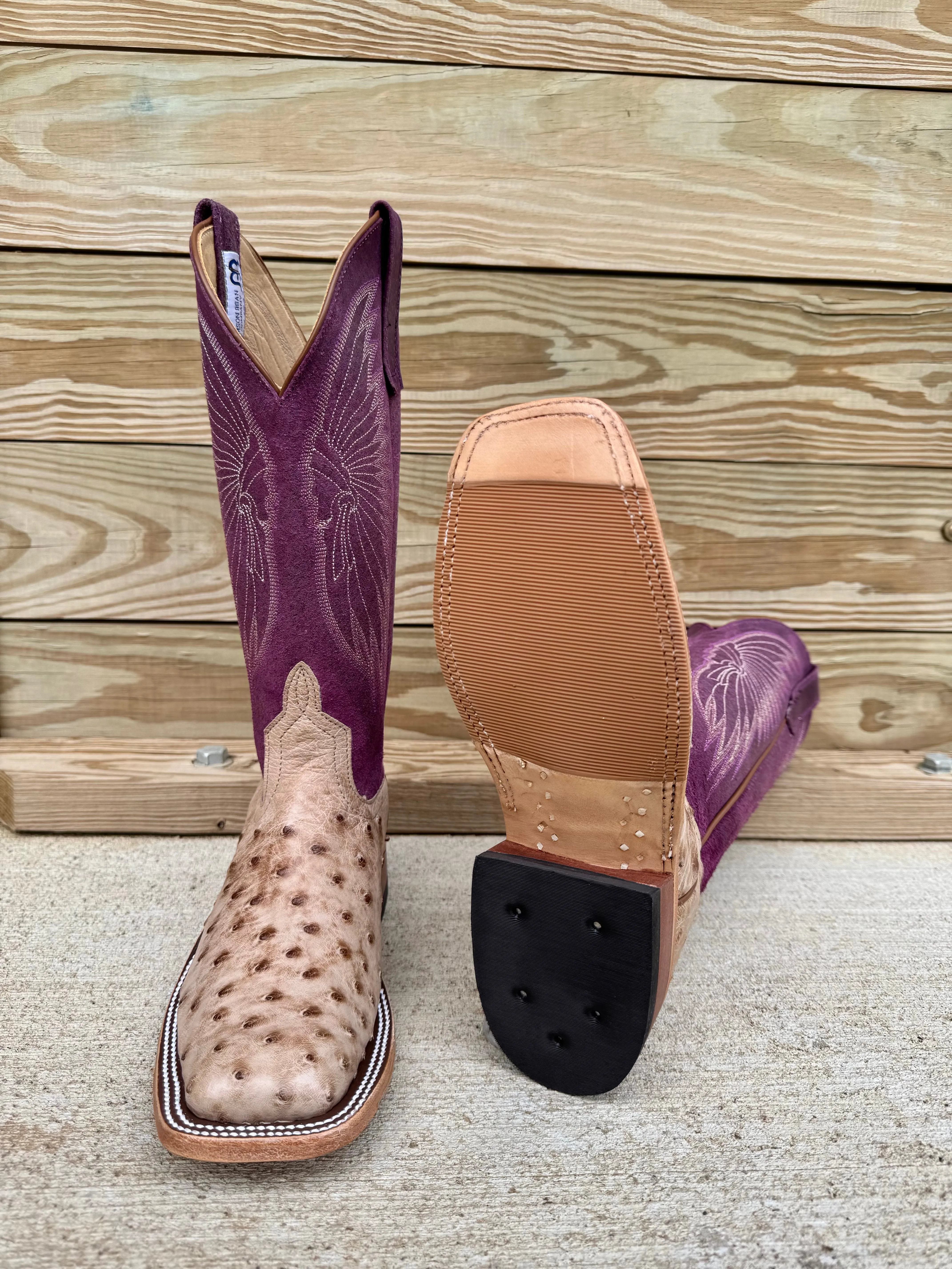 Anderson Bean Women's Tan Vintage Bruciato Full Quill Ostrich & 13 Purple Sangria Sinsation Top Square Toe Cowgirl Boots 360689 Outdoor Tested