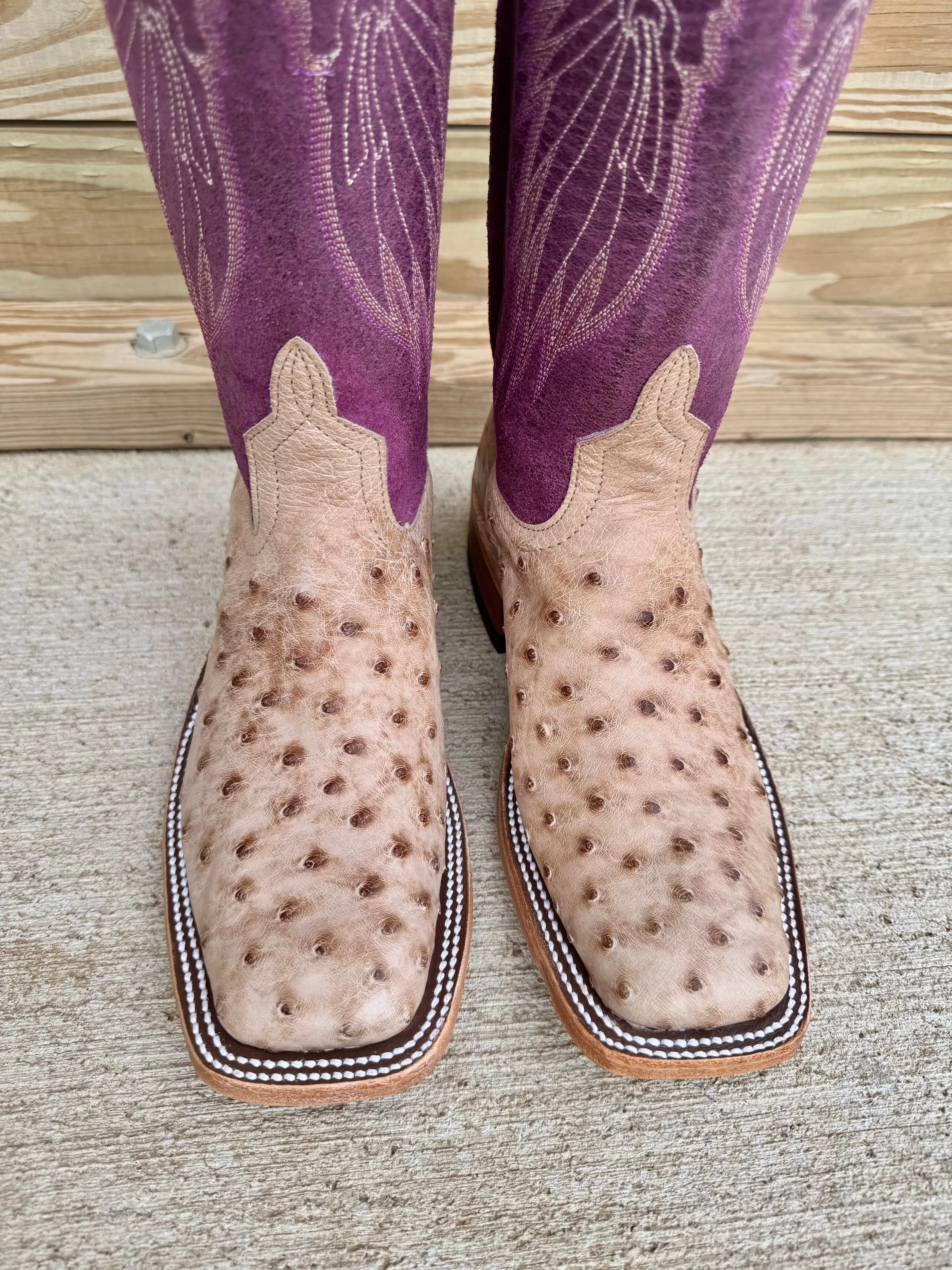 Side Zip Anderson Bean Women's Tan Vintage Bruciato Full Quill Ostrich & 13 Purple Sangria Sinsation Top Square Toe Cowgirl Boots 360689