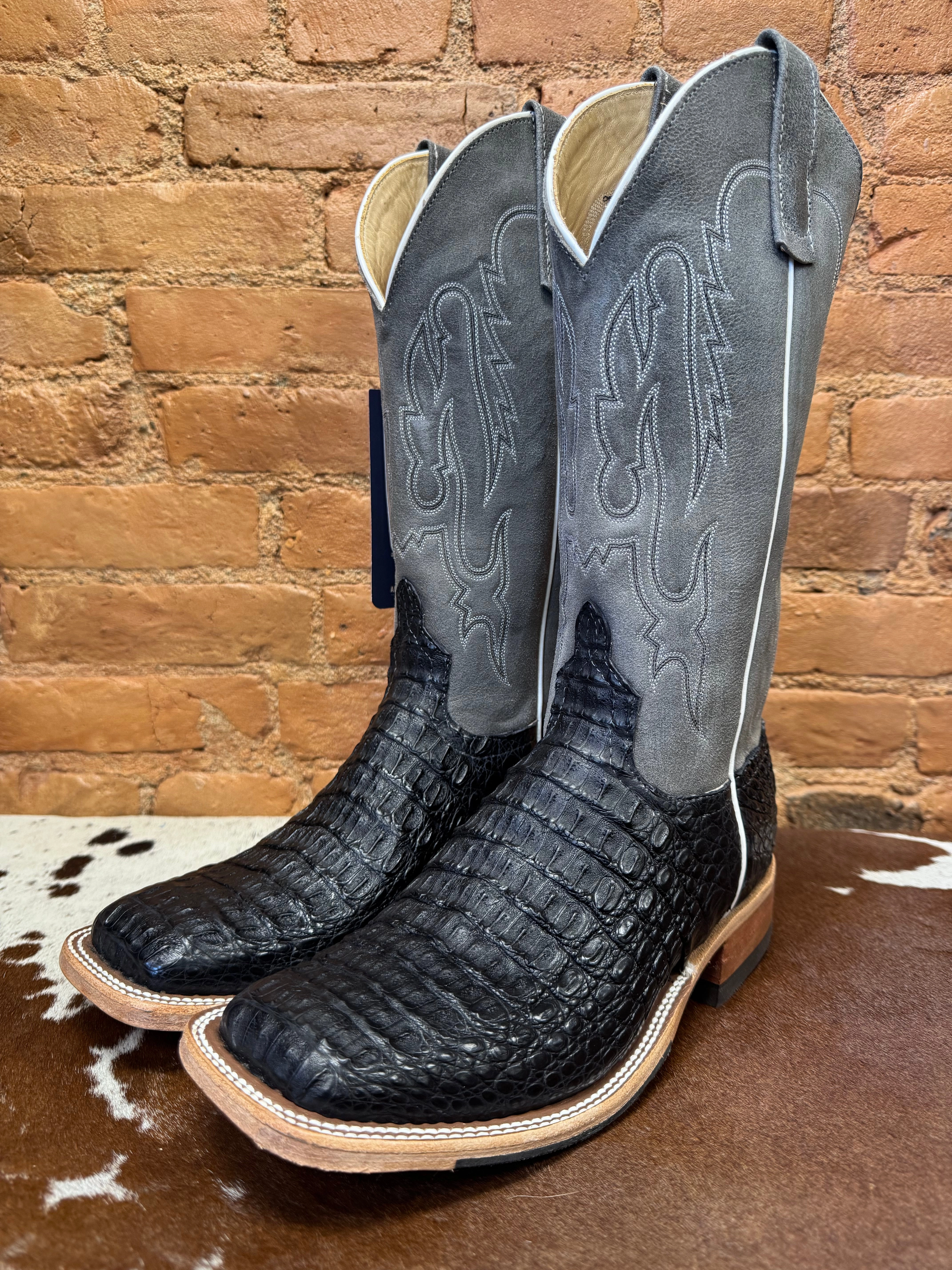 Anderson Bean Men's Black Lux Caiman & Ocean Wipeout 13 Top Square Toe Cowboy Boots 332204 321801 High-Quality Footwear