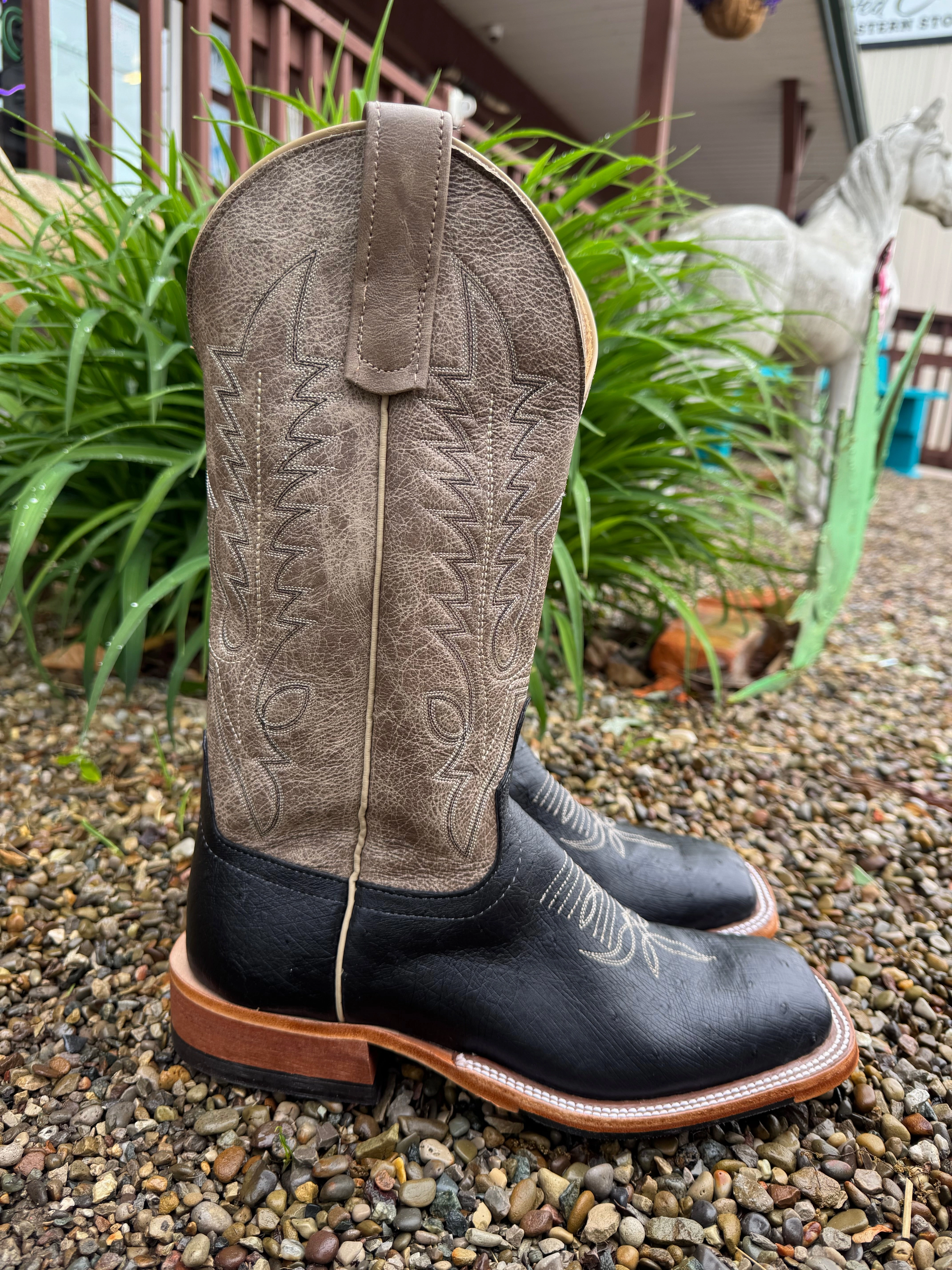 Snow Grip Anderson Bean Men's Black Smooth Ostrich & 13 Outlaw Mushroom Top Square Toe Cowboy Boots 333571