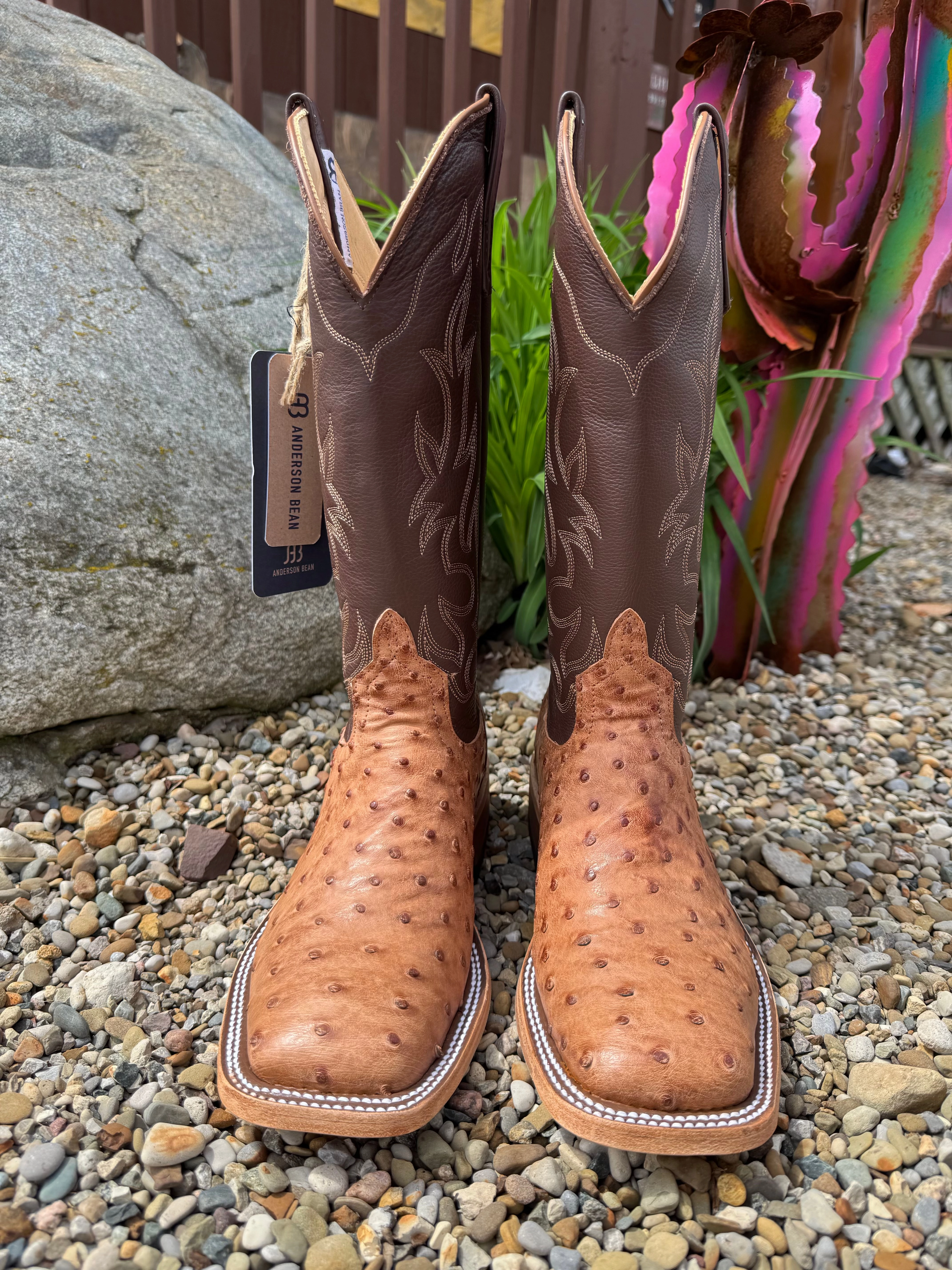 Stable Step Anderson Bean Men's Brandy Bruciato Full Quill Ostrich & 13" Brandy Top Square Toe Cowboy Boots 333569