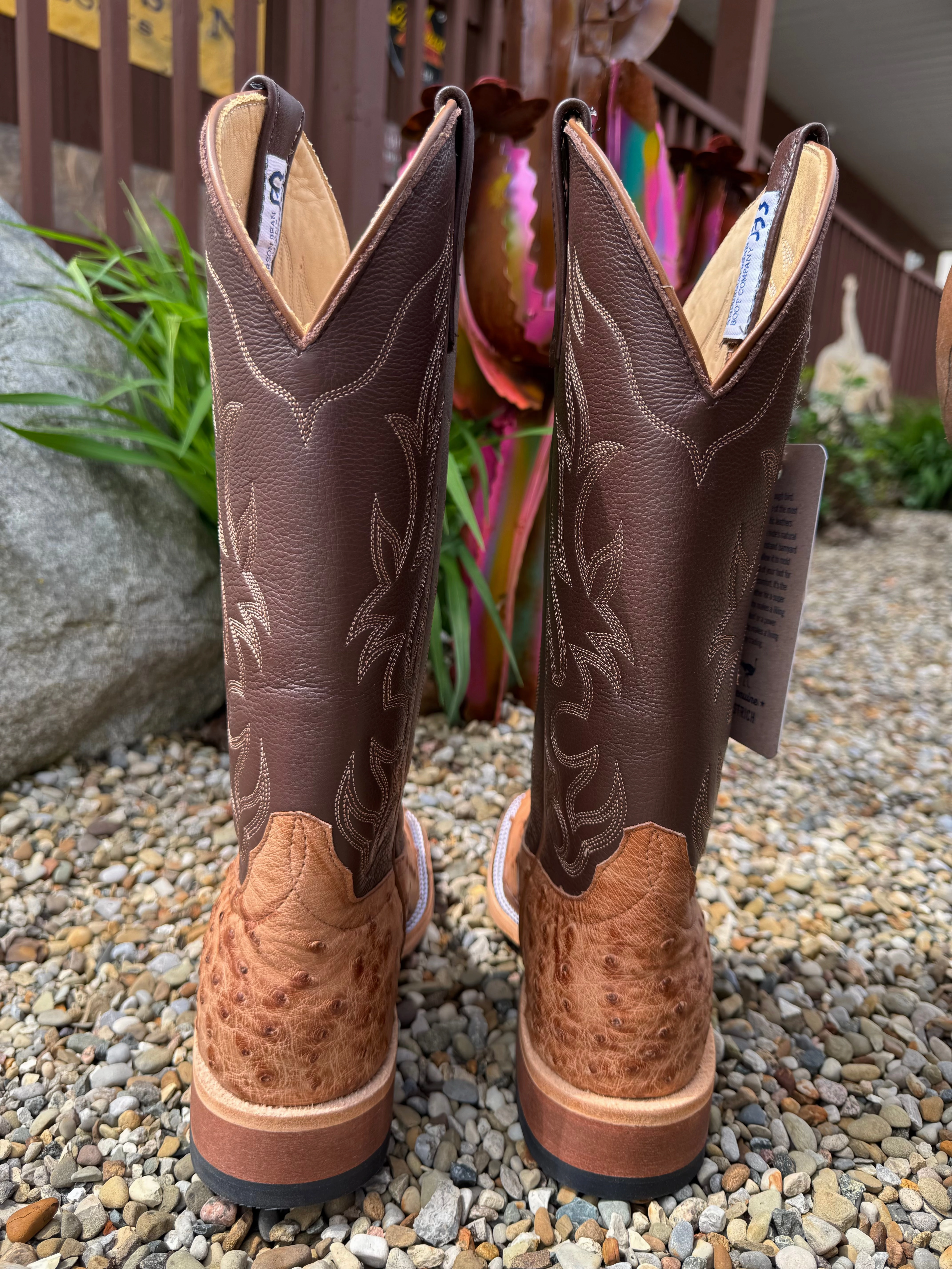 Anderson Bean Men's Brandy Bruciato Full Quill Ostrich & 13" Brandy Top Square Toe Cowboy Boots 333569 Adventure Driven Country Side