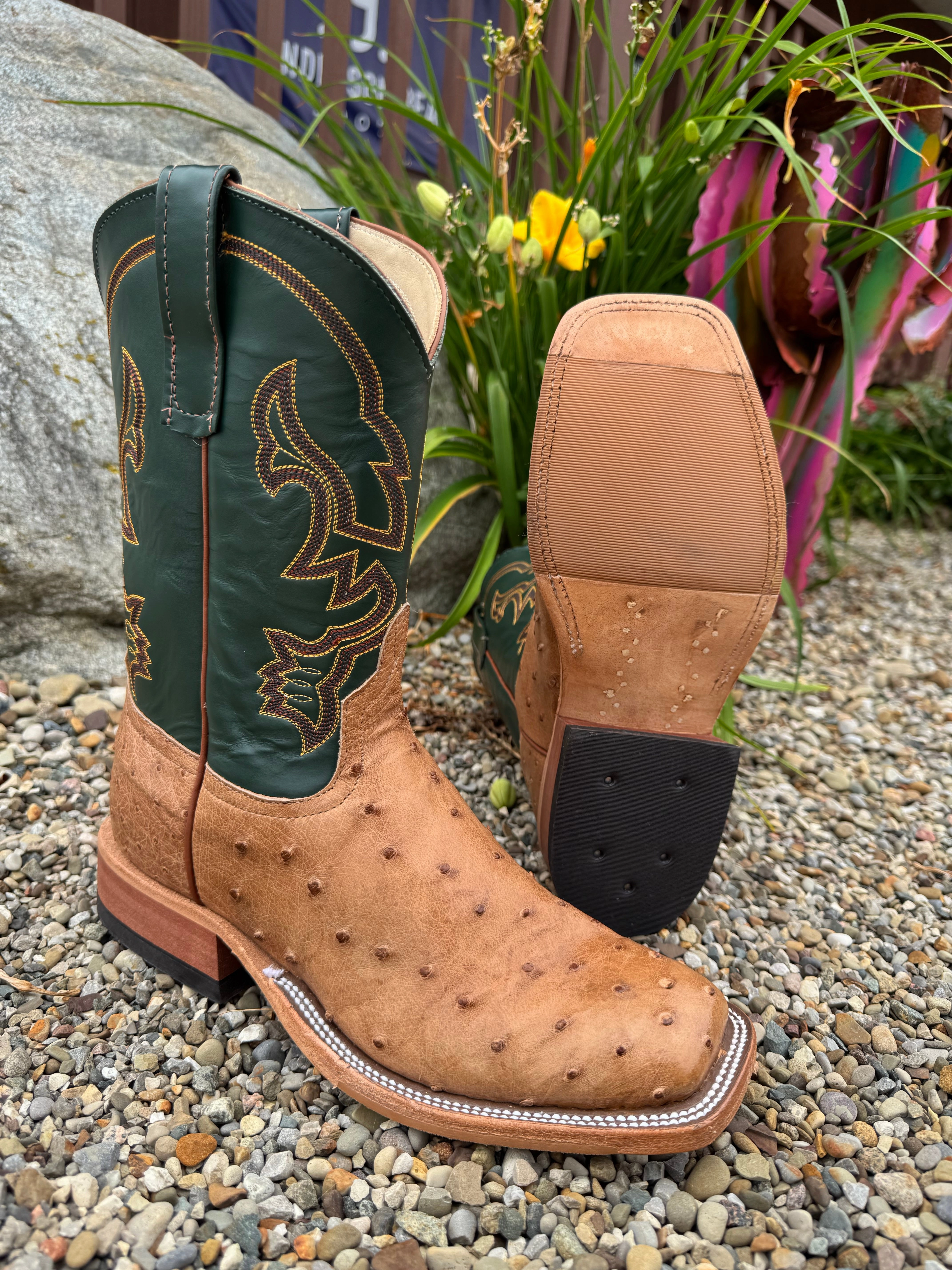 Anderson Bean Men's Cognac Full Quill Ostrich & Green Glove Square Toe Cowboy Boots 324770 Functional Wear