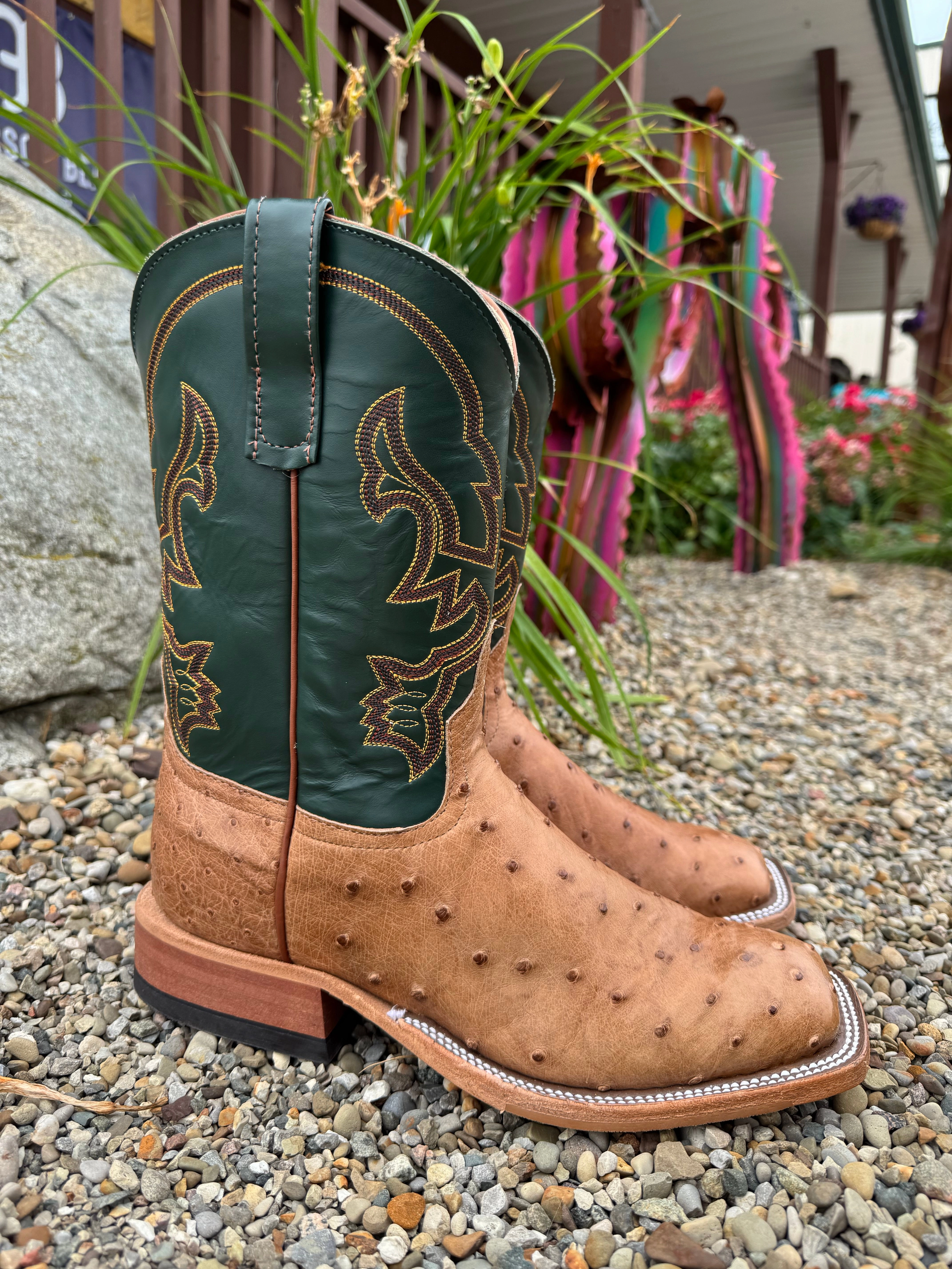 Storm Proof Anderson Bean Men's Cognac Full Quill Ostrich & Green Glove Square Toe Cowboy Boots 324770