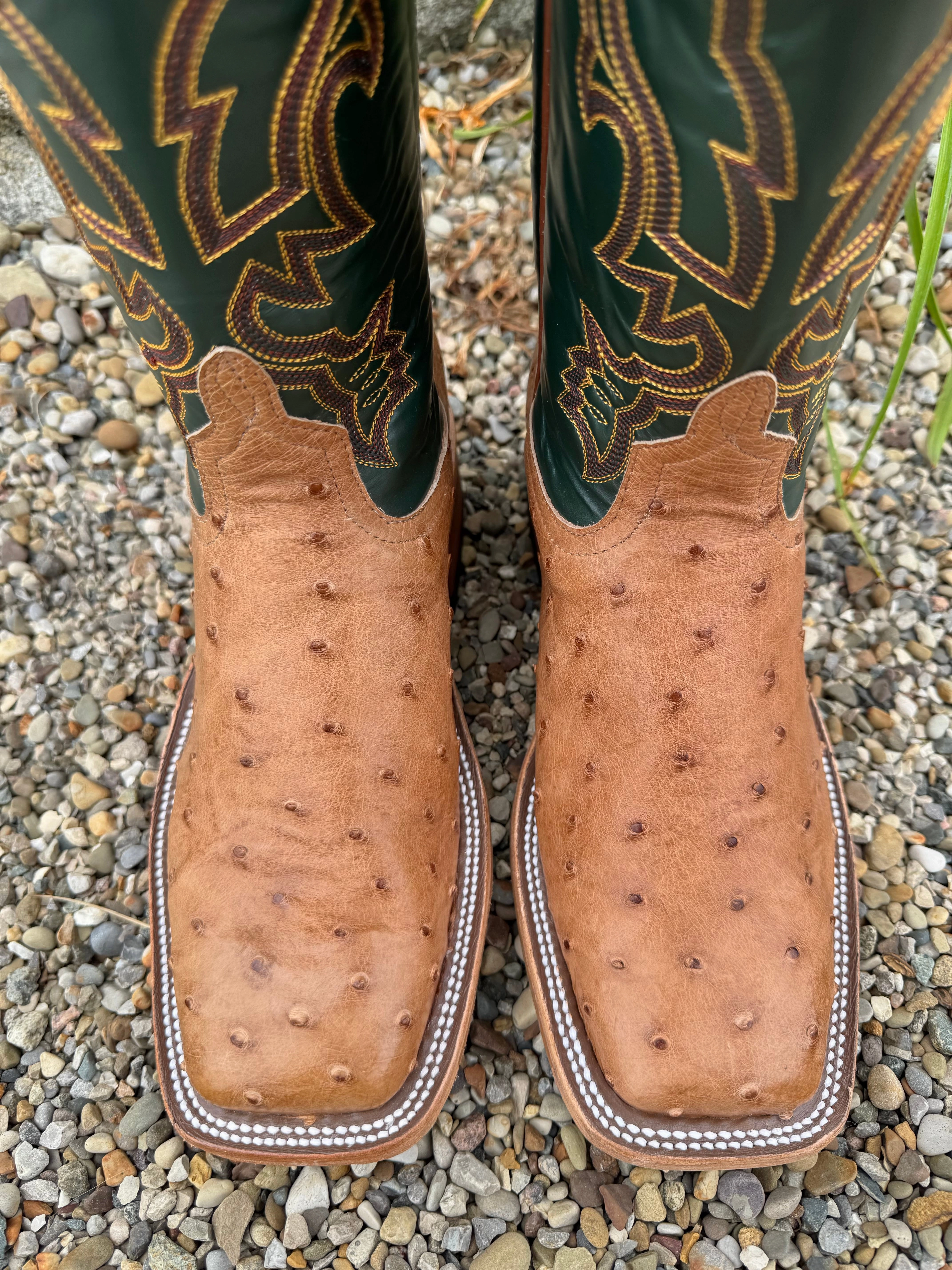 Anderson Bean Men's Cognac Full Quill Ostrich & Green Glove Square Toe Cowboy Boots 324770 Soft Step Comfortable Flex