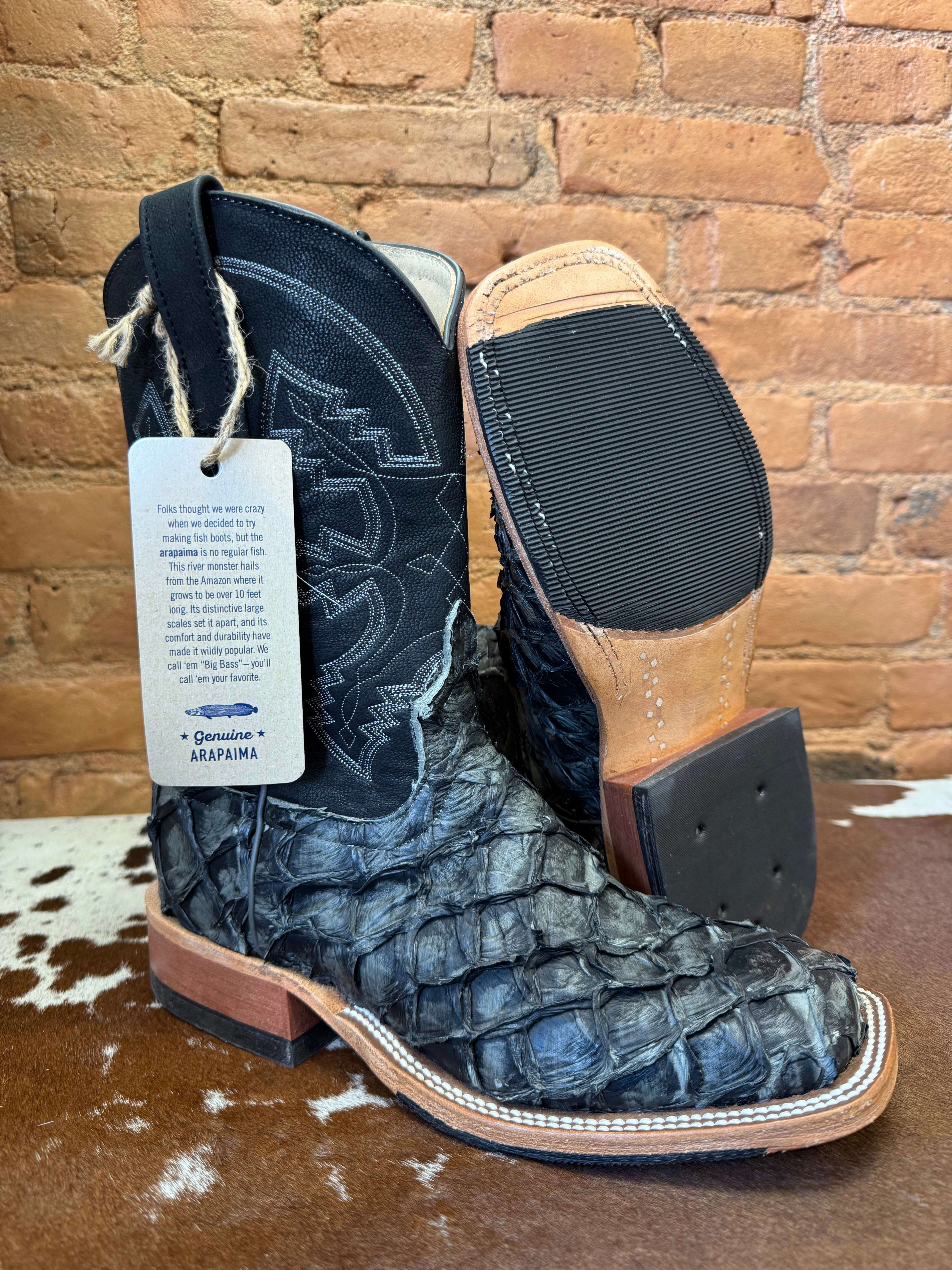 Anderson Bean Men's Dark Grey Rustic Big Bass Arapaima & Black Suave Top Square Toe Cowboy Boots 336978 Elastic Band Synthetic