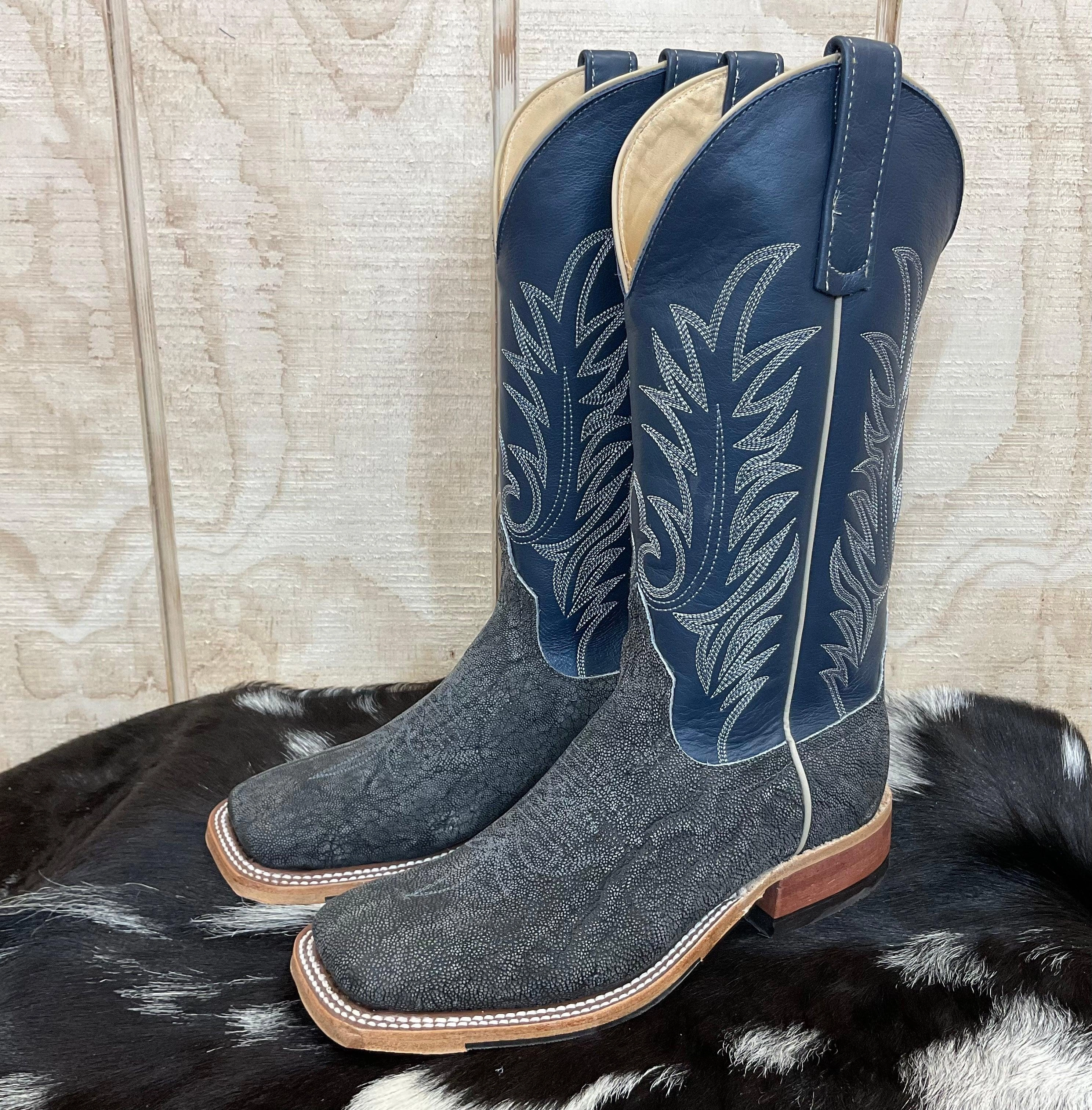 Anderson Bean Men's Granite Safari Elephant & 13 Navy Deerskin Top Square Toe Cowboy Boots 332202 Open Toe