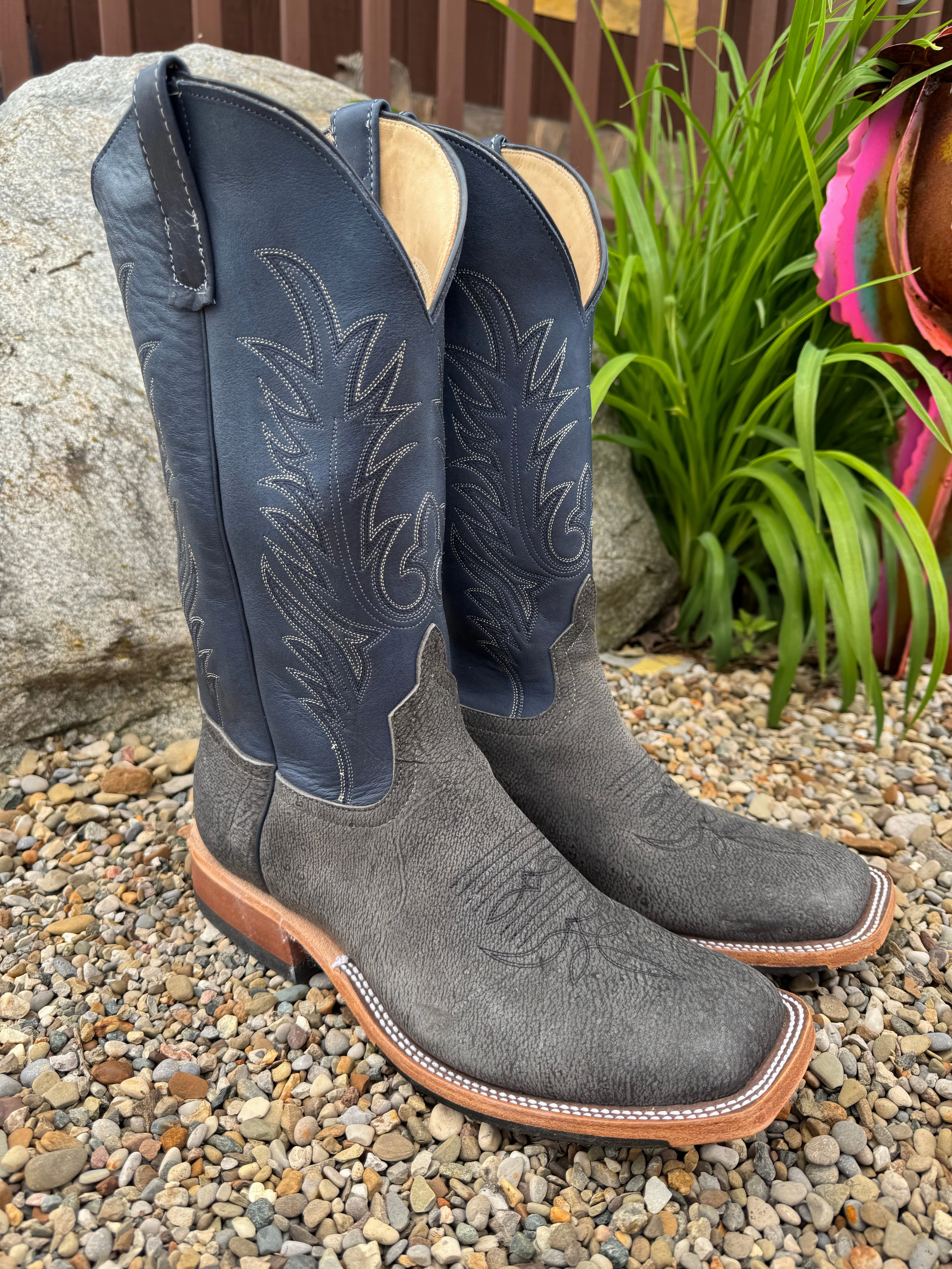 Family Reunion Anderson Bean Men's Grey Safari Giraffe & Midnight Blue Dozer 13 Top Square Toe Cowboy Boots 340713