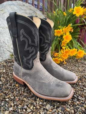 Anderson Bean Men's Stone Waxy Grey Kudu & Black Suave Top Square Toe Cowboy Boots 333580 Cabin Cozy Timeless Look