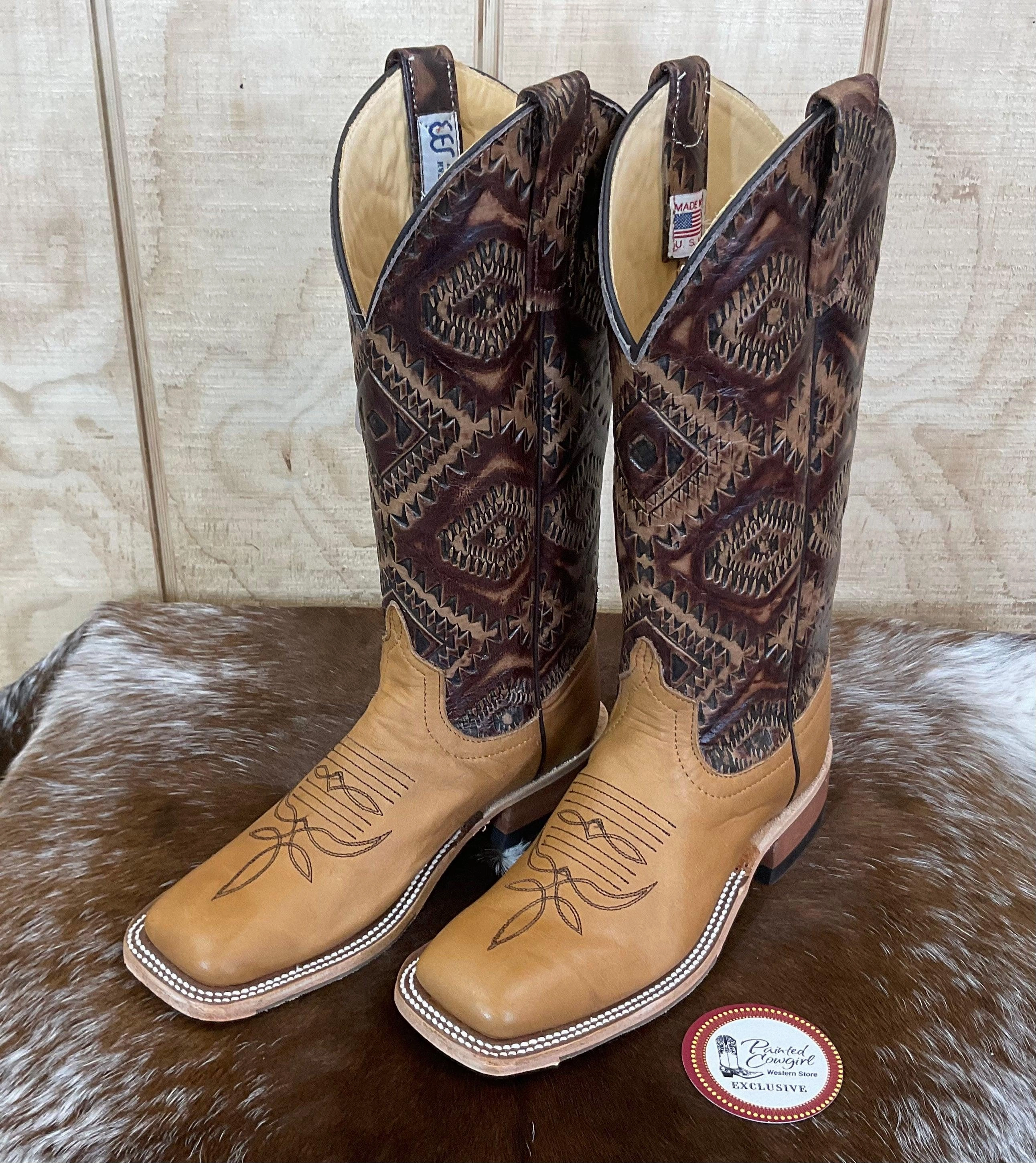 Anderson Bean Women's Belle Noce Tan Leather & 13 Kechi Embossed Top Square Toe Cowgirl Boots 333573 Reinforced toe