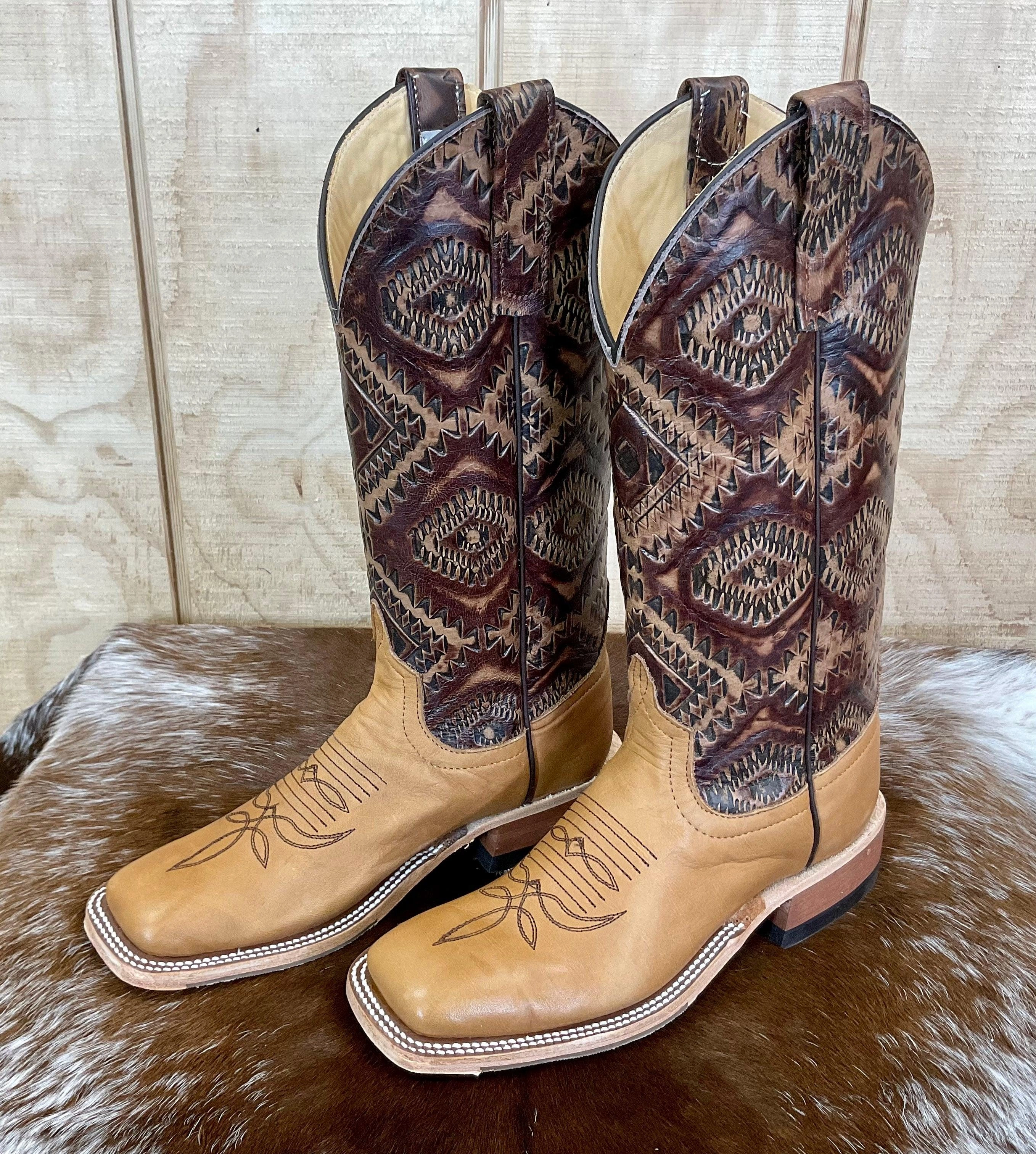 Anderson Bean Women's Belle Noce Tan Leather & 13 Kechi Embossed Top Square Toe Cowgirl Boots 333573 Biker Tough Long Walks