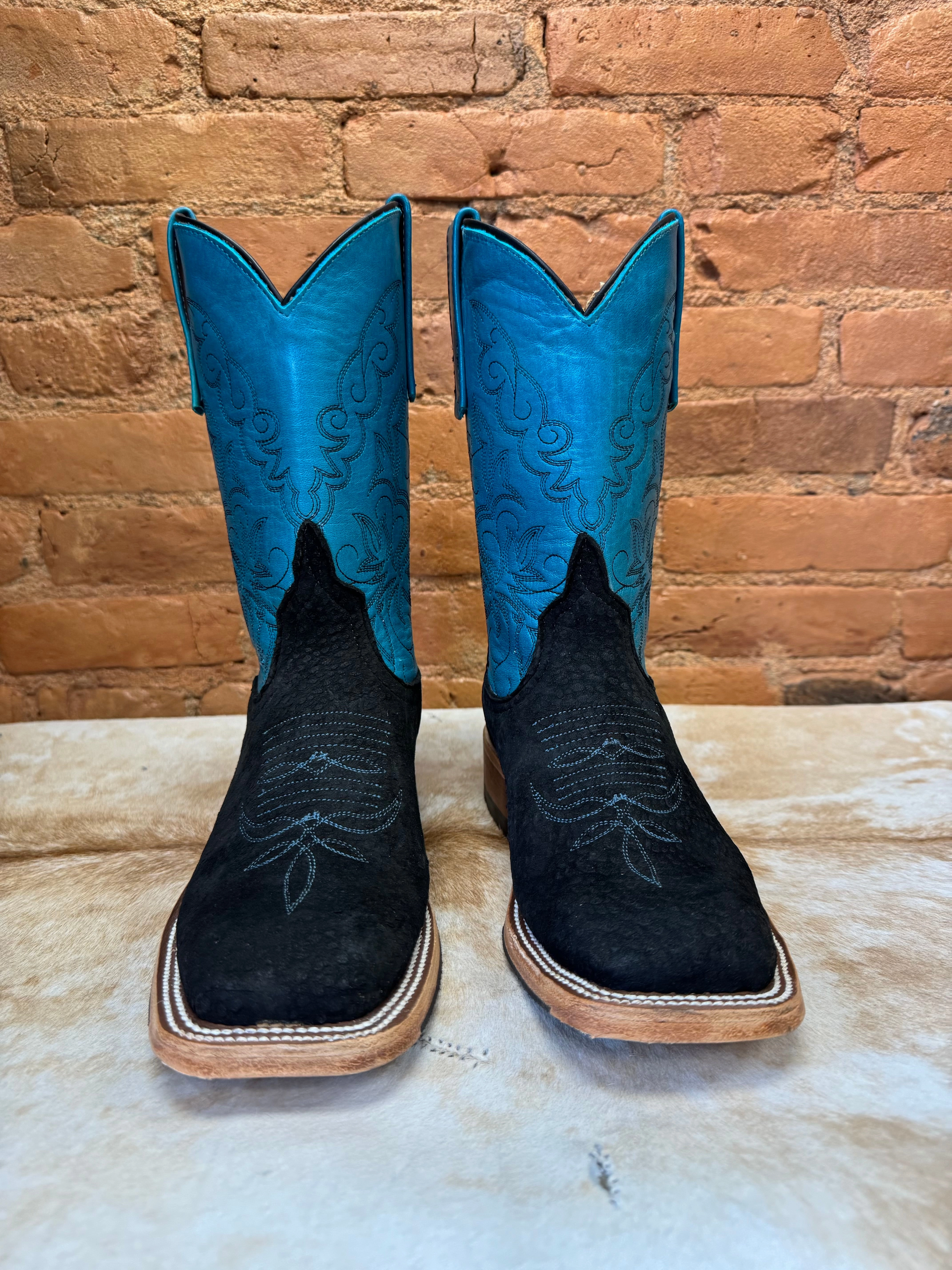 Day Wear Anderson Bean Women's Black Carpincho Capybara & 10 Turquoise/Teal Top Square Toe Cowgirl Boots 330493