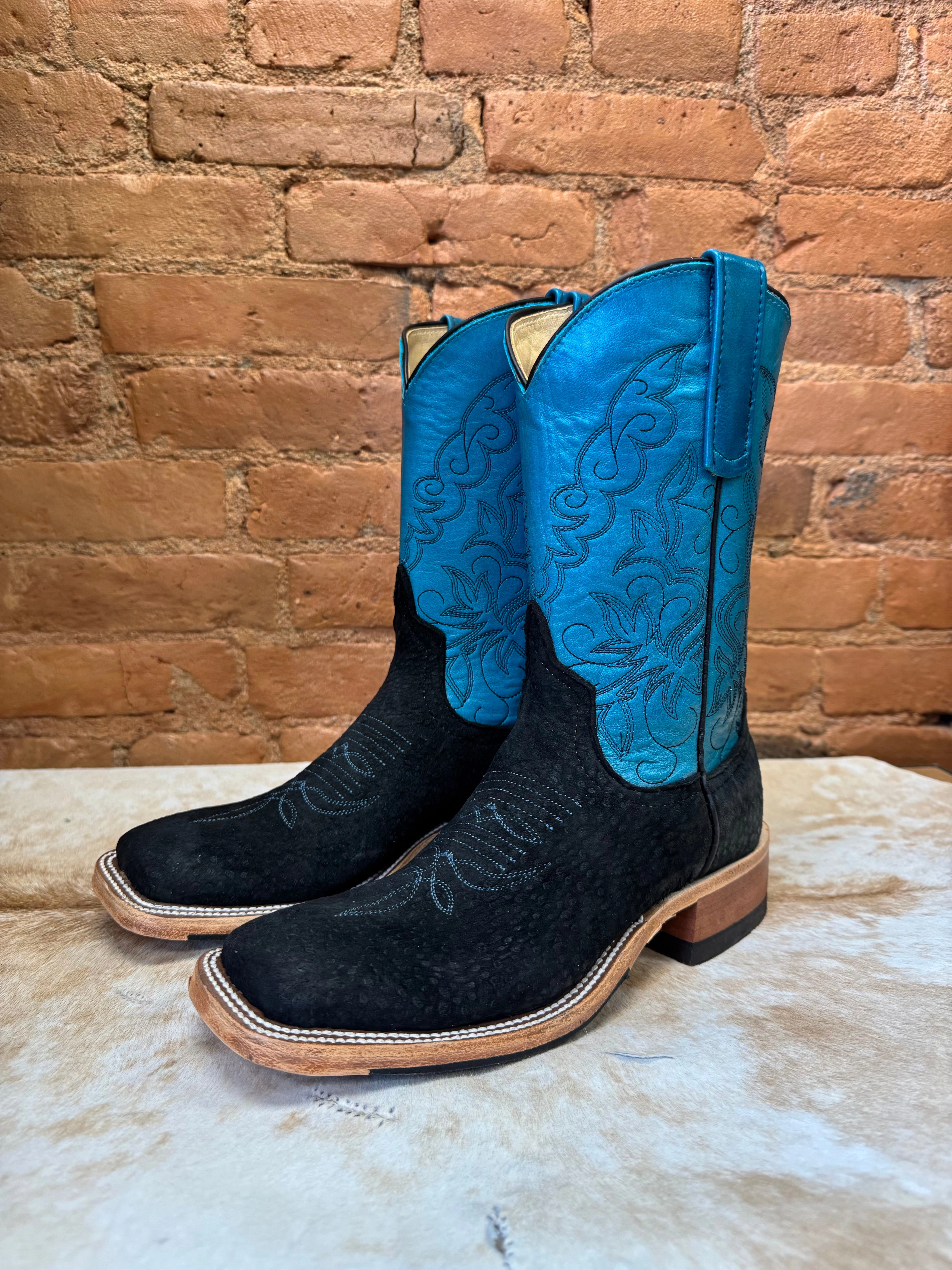 Pull Tab Flexible Anderson Bean Women's Black Carpincho Capybara & 10 Turquoise/Teal Top Square Toe Cowgirl Boots 330493