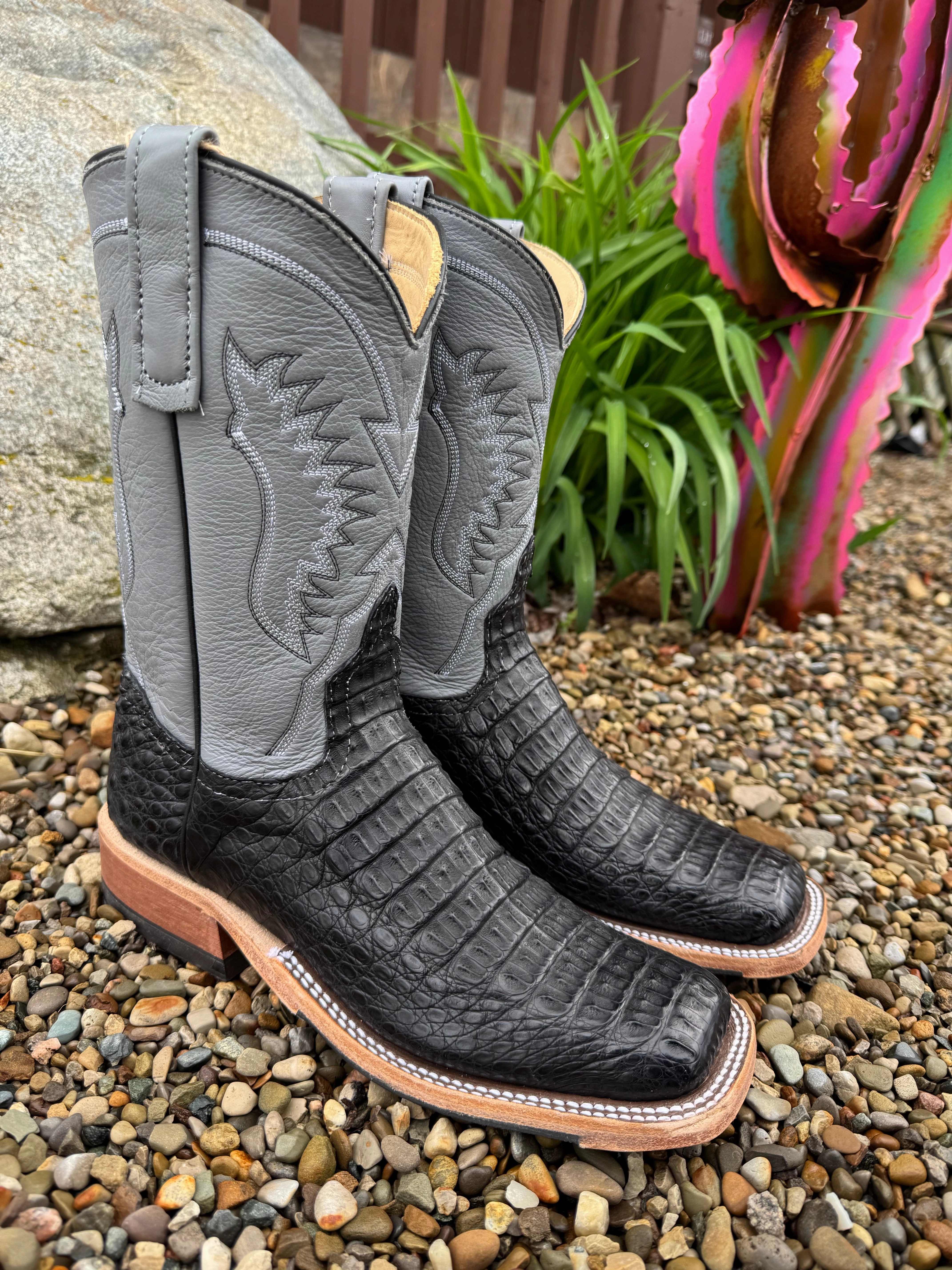 Anderson Bean Women's Black Lux Caiman & 10 Wedgewood Grey Deerskin Top Square Toe Cowgirl Boots 332206 Quick Slip