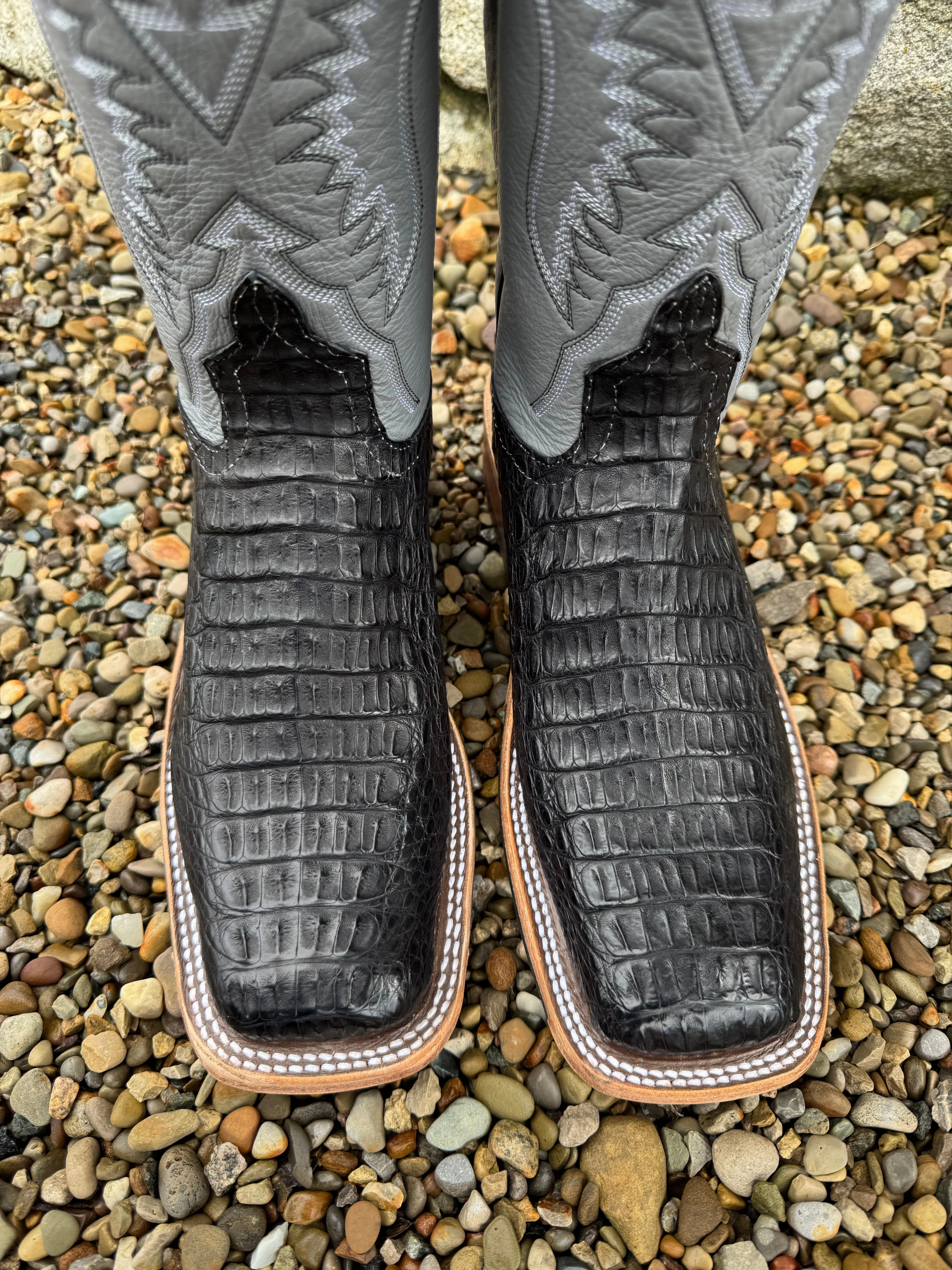 Anderson Bean Women's Black Lux Caiman & 10 Wedgewood Grey Deerskin Top Square Toe Cowgirl Boots 332206 Holiday Feel Stable