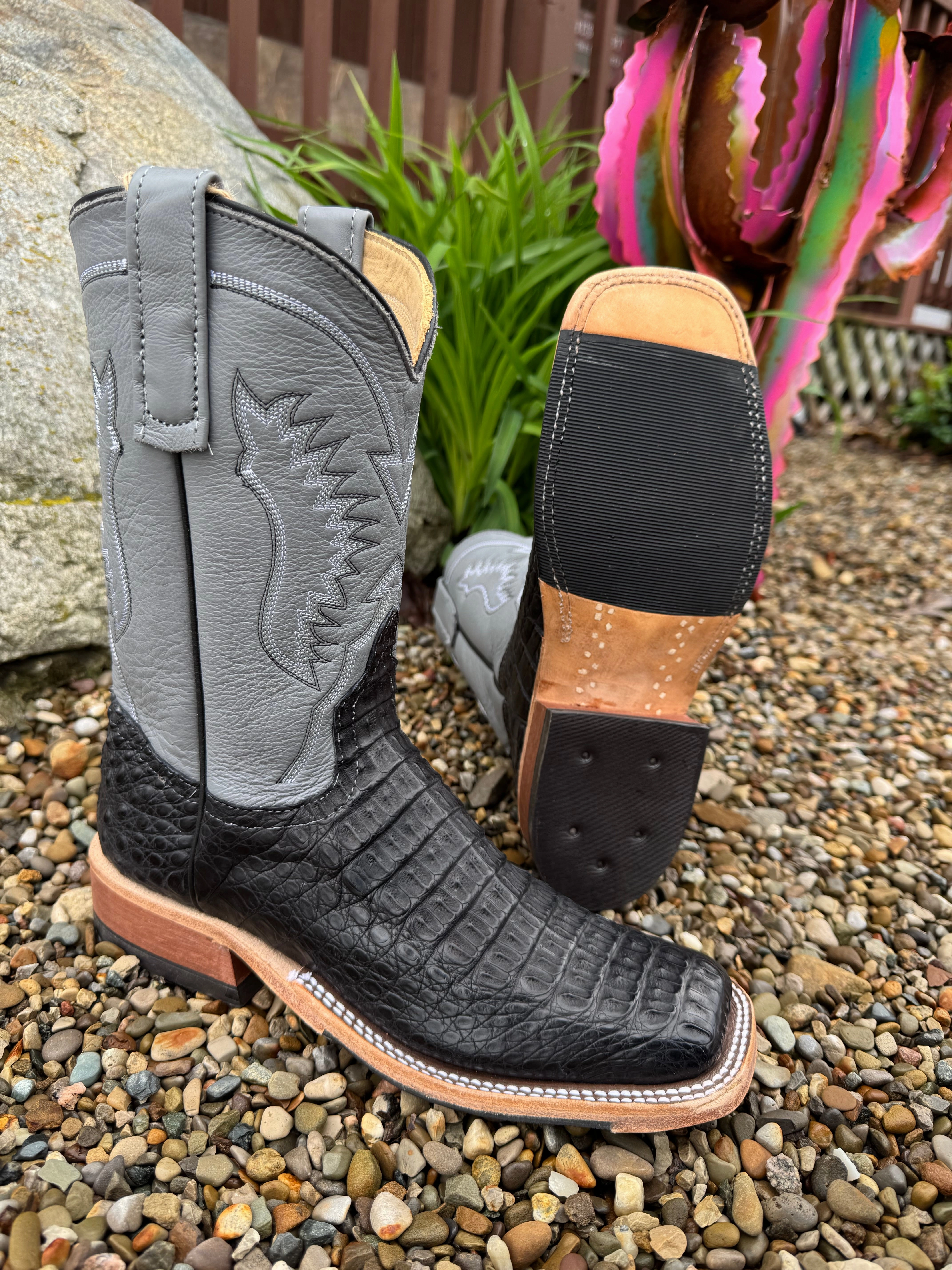 Anderson Bean Women's Black Lux Caiman & 10 Wedgewood Grey Deerskin Top Square Toe Cowgirl Boots 332206 Warm Insulation Neutral Finish