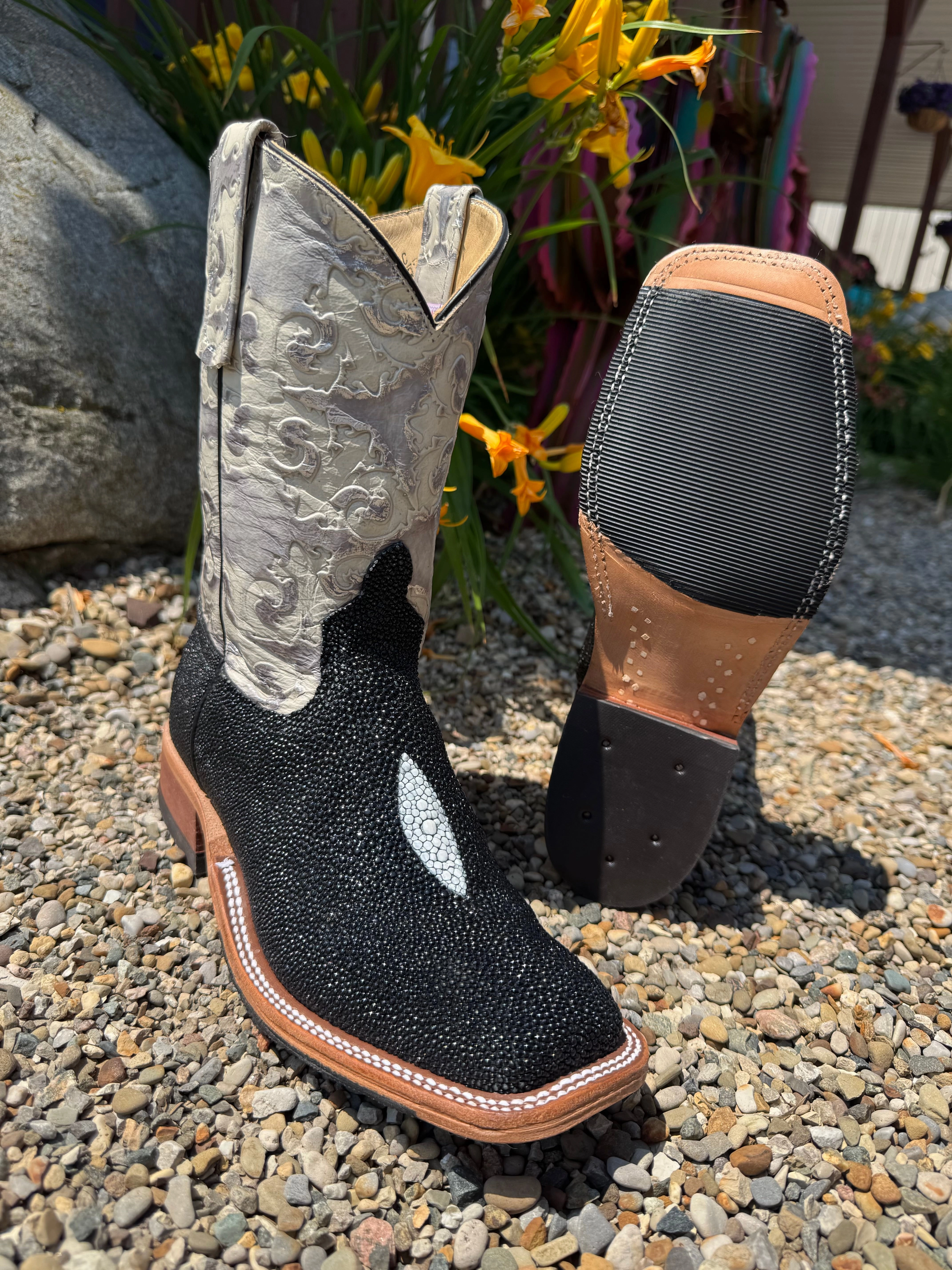 Anderson Bean Women's Black Stingray & 10 Cobblestone Embossed Leather Top Square Toe Cowgirl Boots 335354 british retro