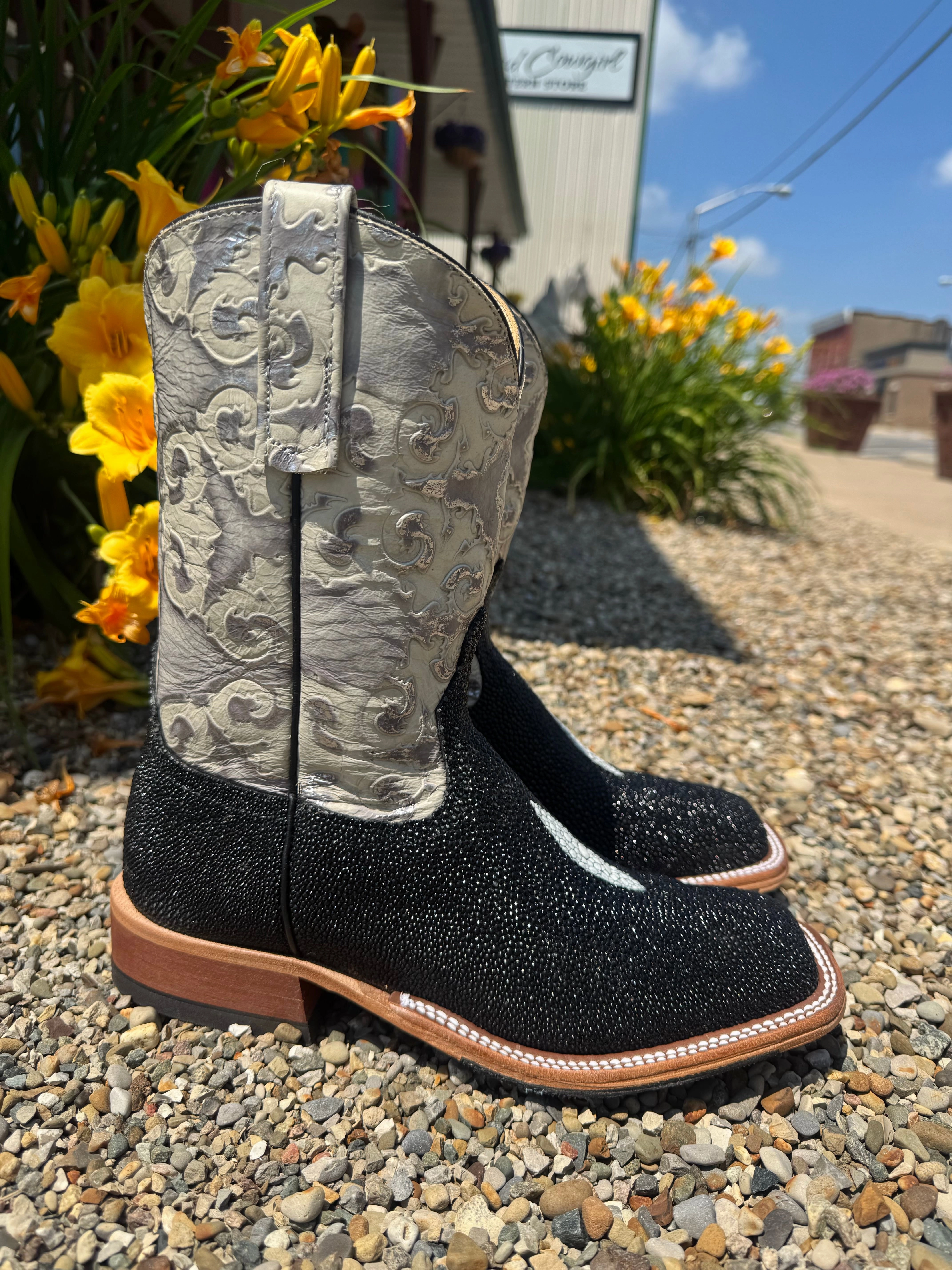 Anderson Bean Women's Black Stingray & 10 Cobblestone Embossed Leather Top Square Toe Cowgirl Boots 335354 Comfort Grip
