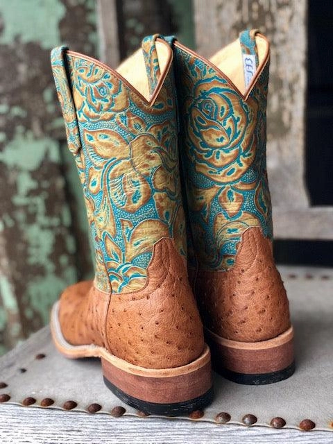 Smooth Finish Anderson Bean Women's Cognac Ostrich & Teal Havanna Tooled Leather Square Toe Cowgirl Boots 321804
