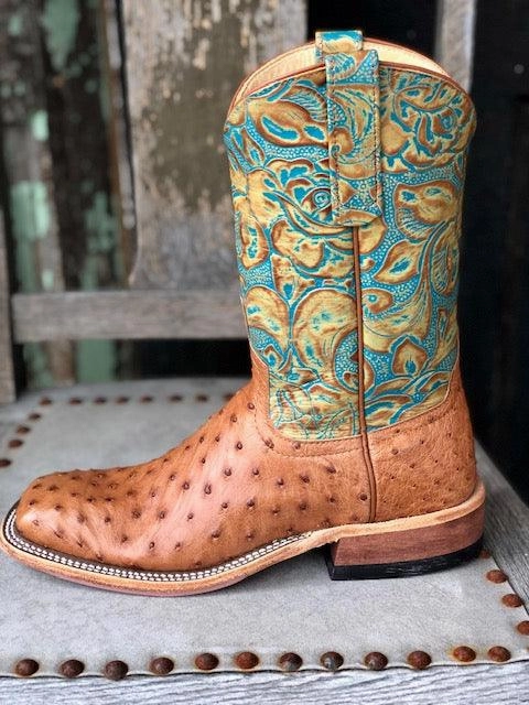 Neutral design Anderson Bean Women's Cognac Ostrich & Teal Havanna Tooled Leather Square Toe Cowgirl Boots 321804