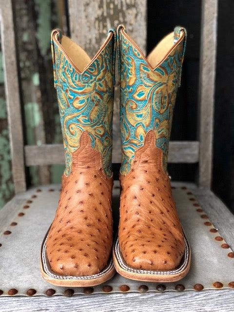 athlete well-made Anderson Bean Women's Cognac Ostrich & Teal Havanna Tooled Leather Square Toe Cowgirl Boots 321804