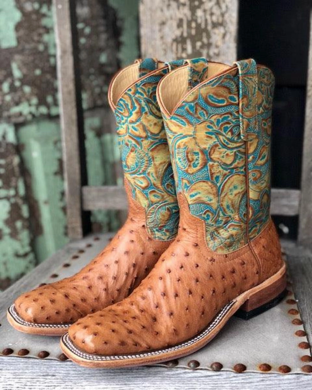 Anderson Bean Women's Cognac Ostrich & Teal Havanna Tooled Leather Square Toe Cowgirl Boots 321804 Step Control