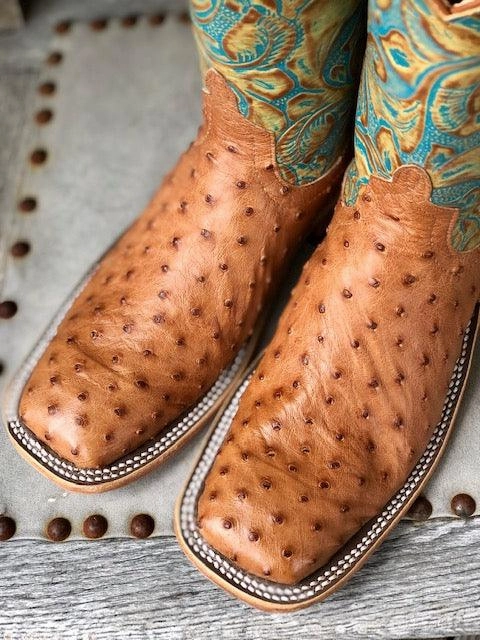 Anderson Bean Women's Cognac Ostrich & Teal Havanna Tooled Leather Square Toe Cowgirl Boots 321804 Everyday Pair