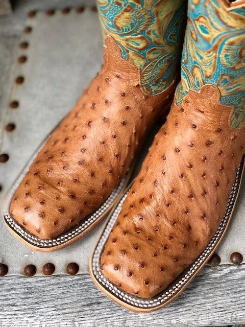 insulated Climate Friendly Anderson Bean Women's Cognac Ostrich & Teal Havanna Tooled Leather Square Toe Cowgirl Boots 321804