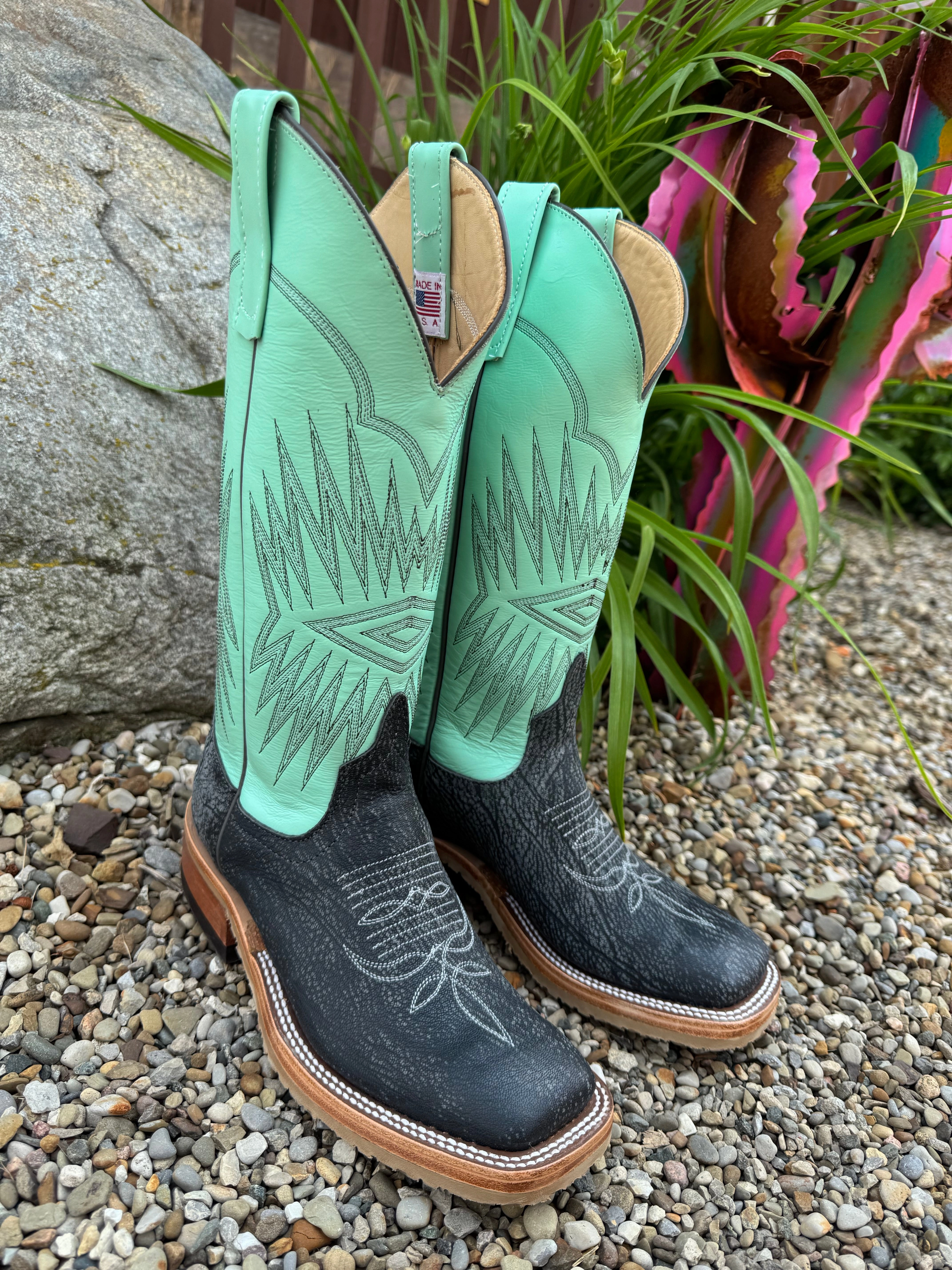 Anderson Bean Women's Gun Powder Poseidon & Mint Glove Square Toe Cowgirl Boots 330491 british retro Stylish And Functional