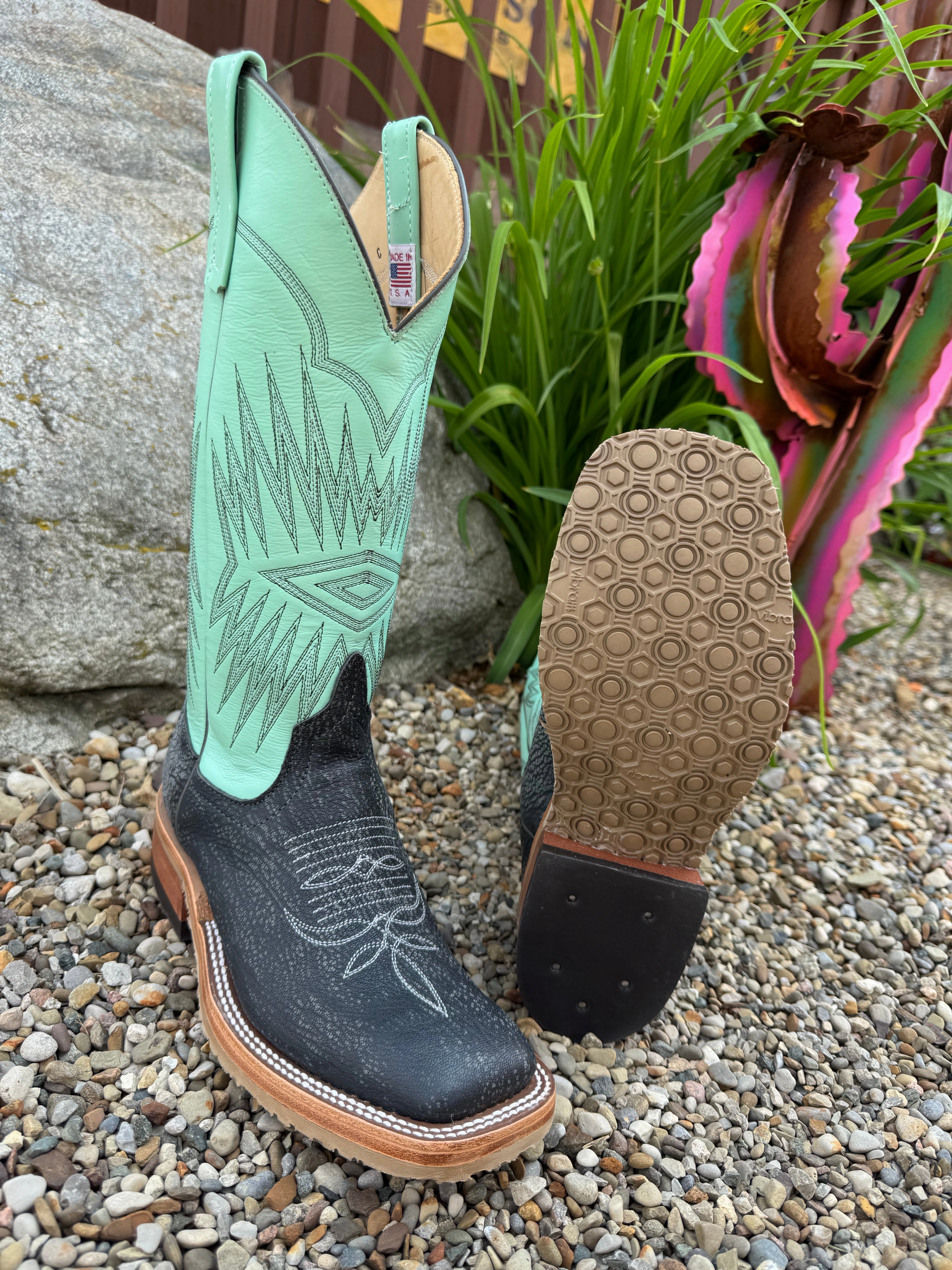 Anderson Bean Women's Gun Powder Poseidon & Mint Glove Square Toe Cowgirl Boots 330491 Soft cushion