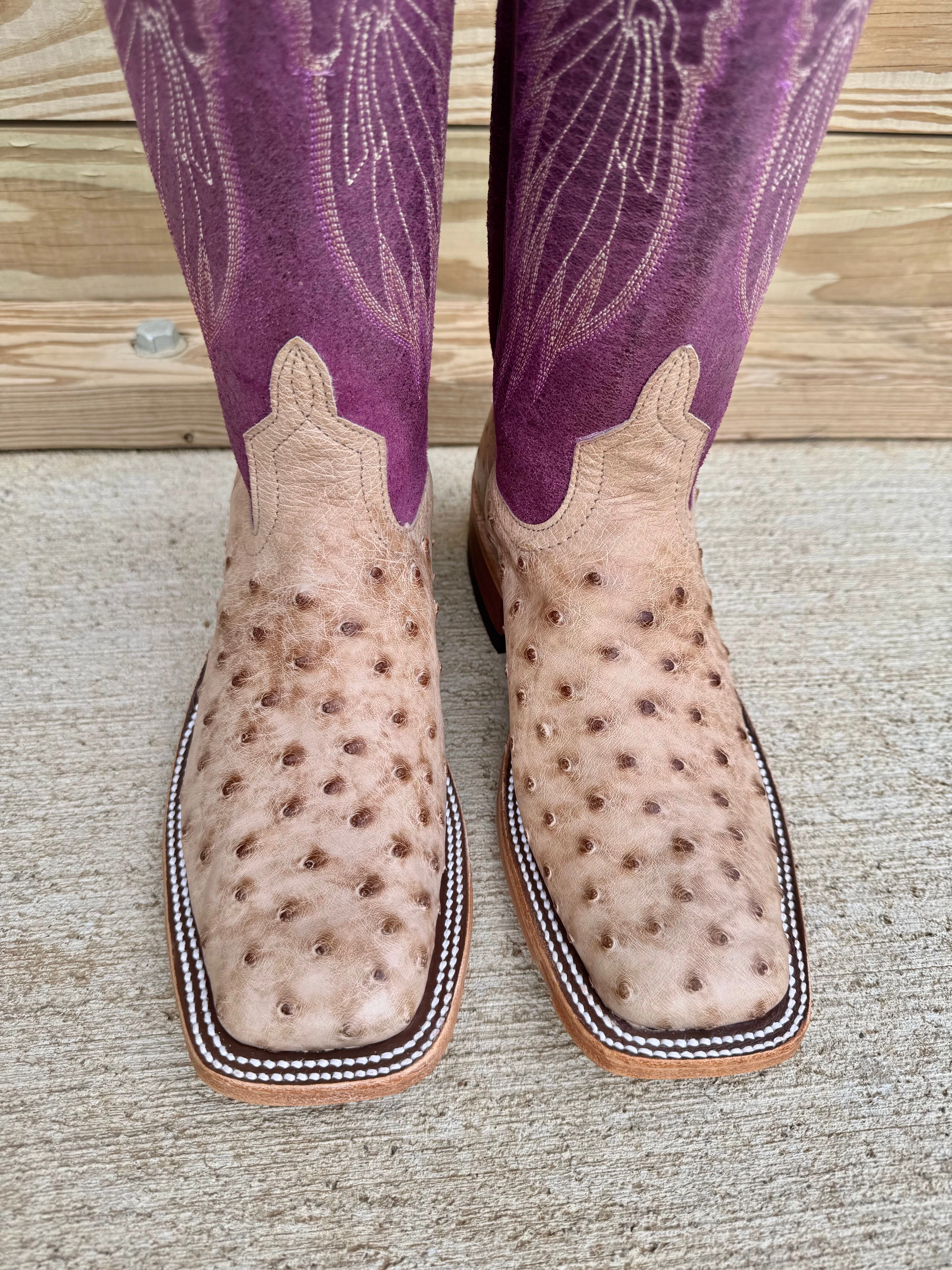 Anderson Bean Women's Tan Vintage Bruciato Full Quill Ostrich & 13 Purple Sangria Sinsation Top Square Toe Cowgirl Boots 360689 Custom Fit Gloss Shine