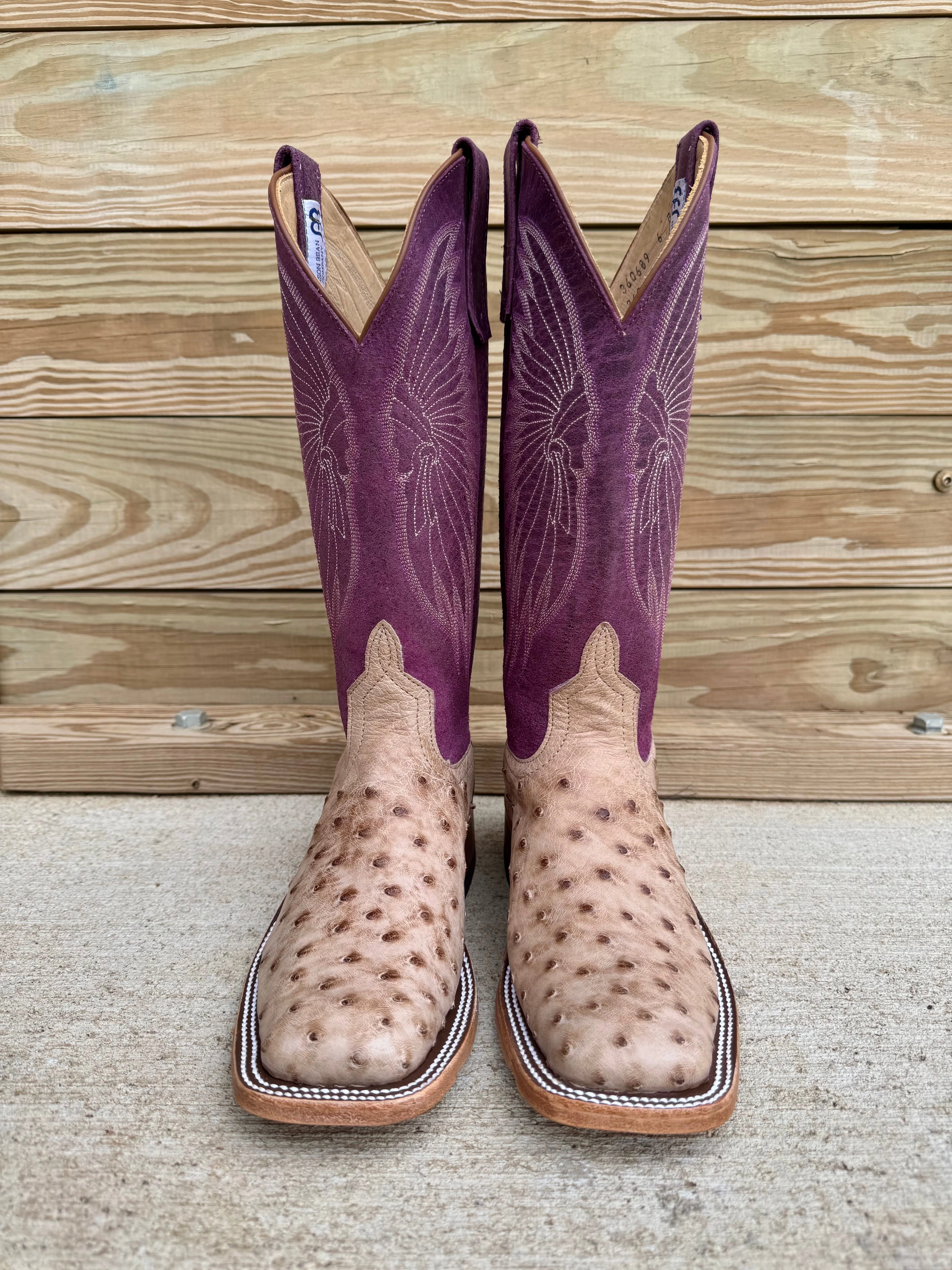 Comfortable Stretch Anderson Bean Women's Tan Vintage Bruciato Full Quill Ostrich & 13 Purple Sangria Sinsation Top Square Toe Cowgirl Boots 360689