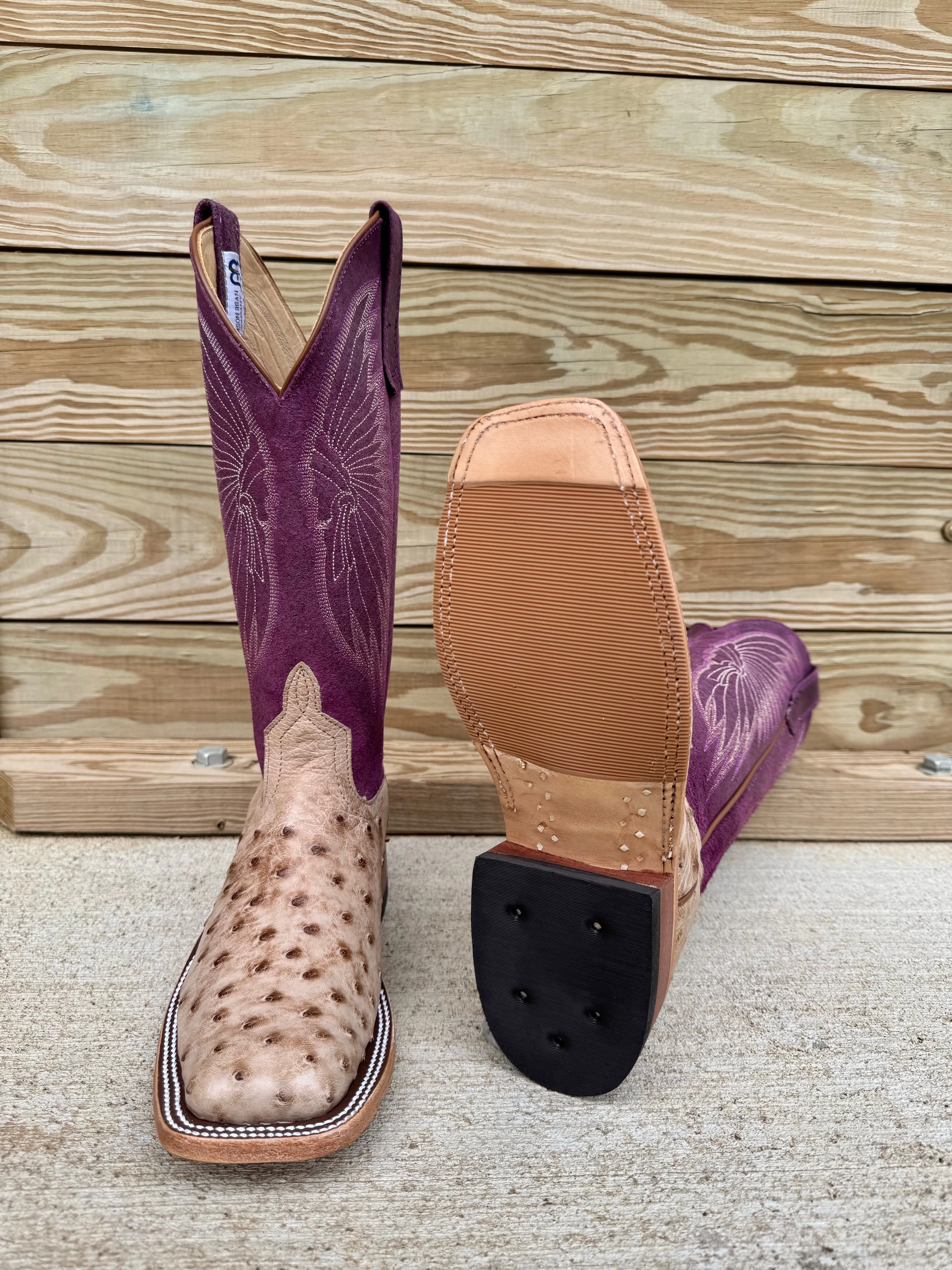 Comfort Ankle Support Anderson Bean Women's Tan Vintage Bruciato Full Quill Ostrich & 13 Purple Sangria Sinsation Top Square Toe Cowgirl Boots 360689