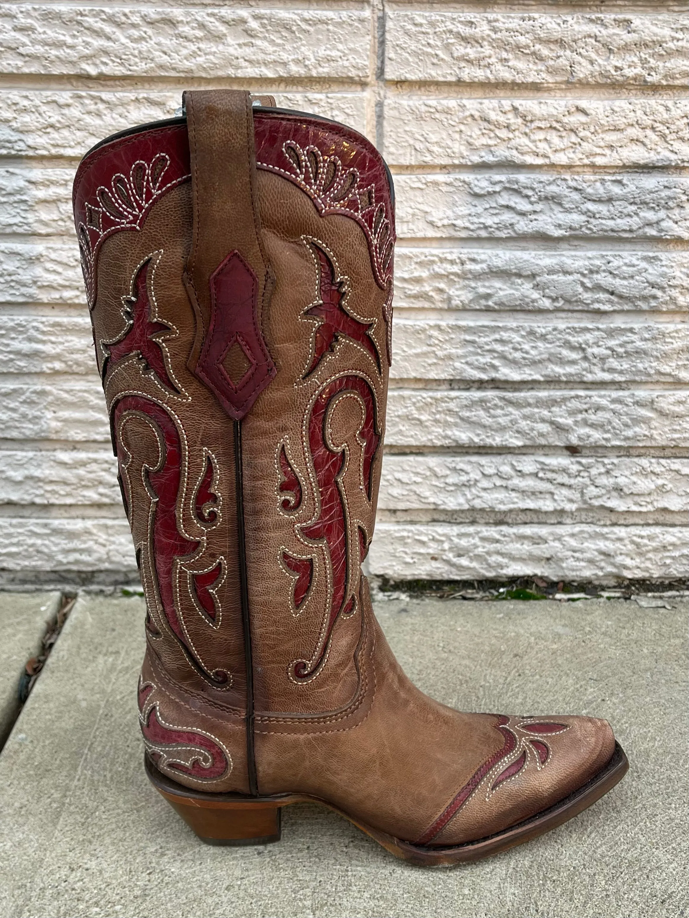 Hard Terrain Work Ready Corral Women's Orix Brown with Red Inlay Snip Toe Cowgirl Boots C3924