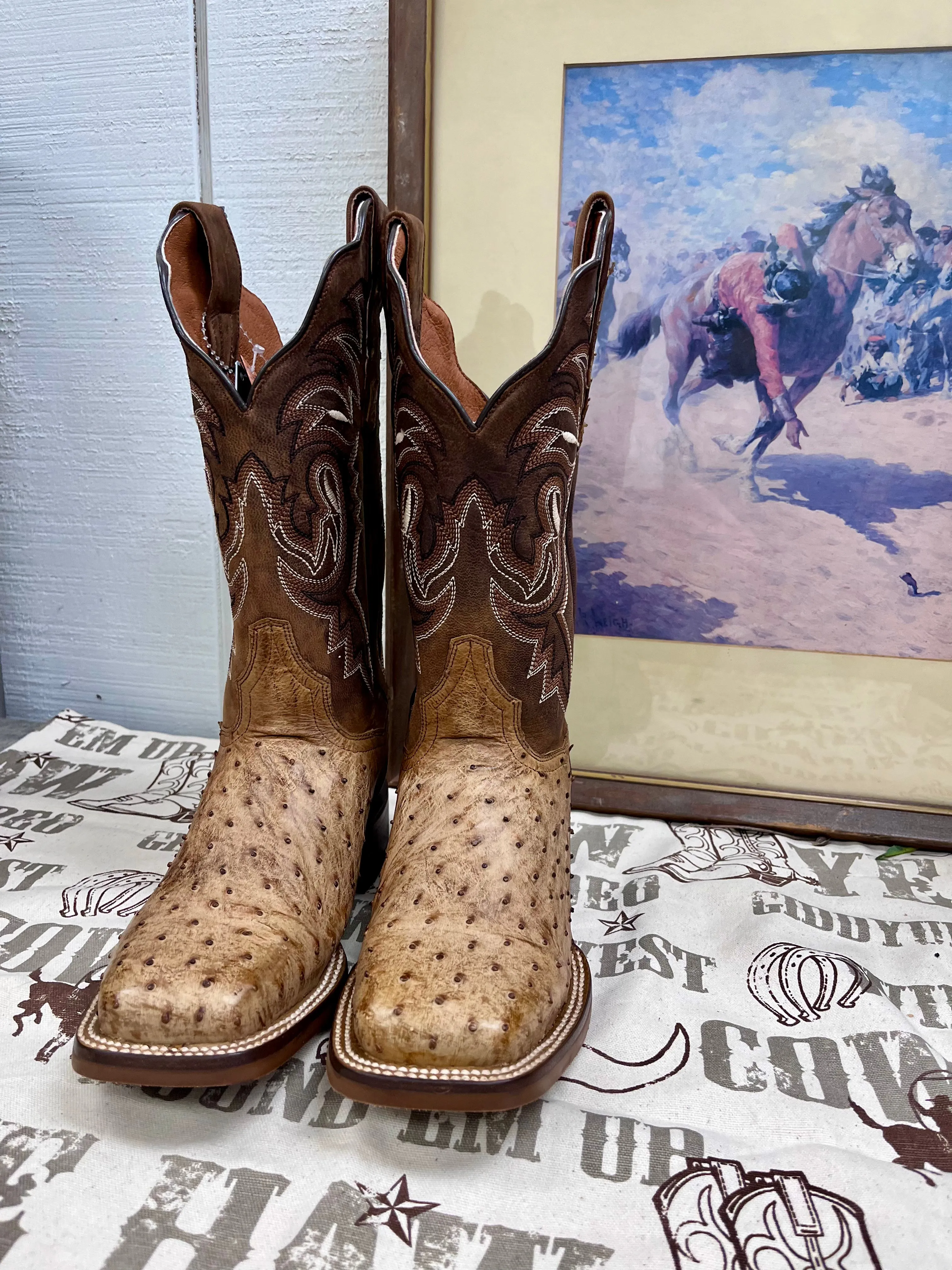 Active Use Dan Post Women's Kylo Tan Full Quill Ostrich & Chocolate Top Cowgirl Boots DP3011