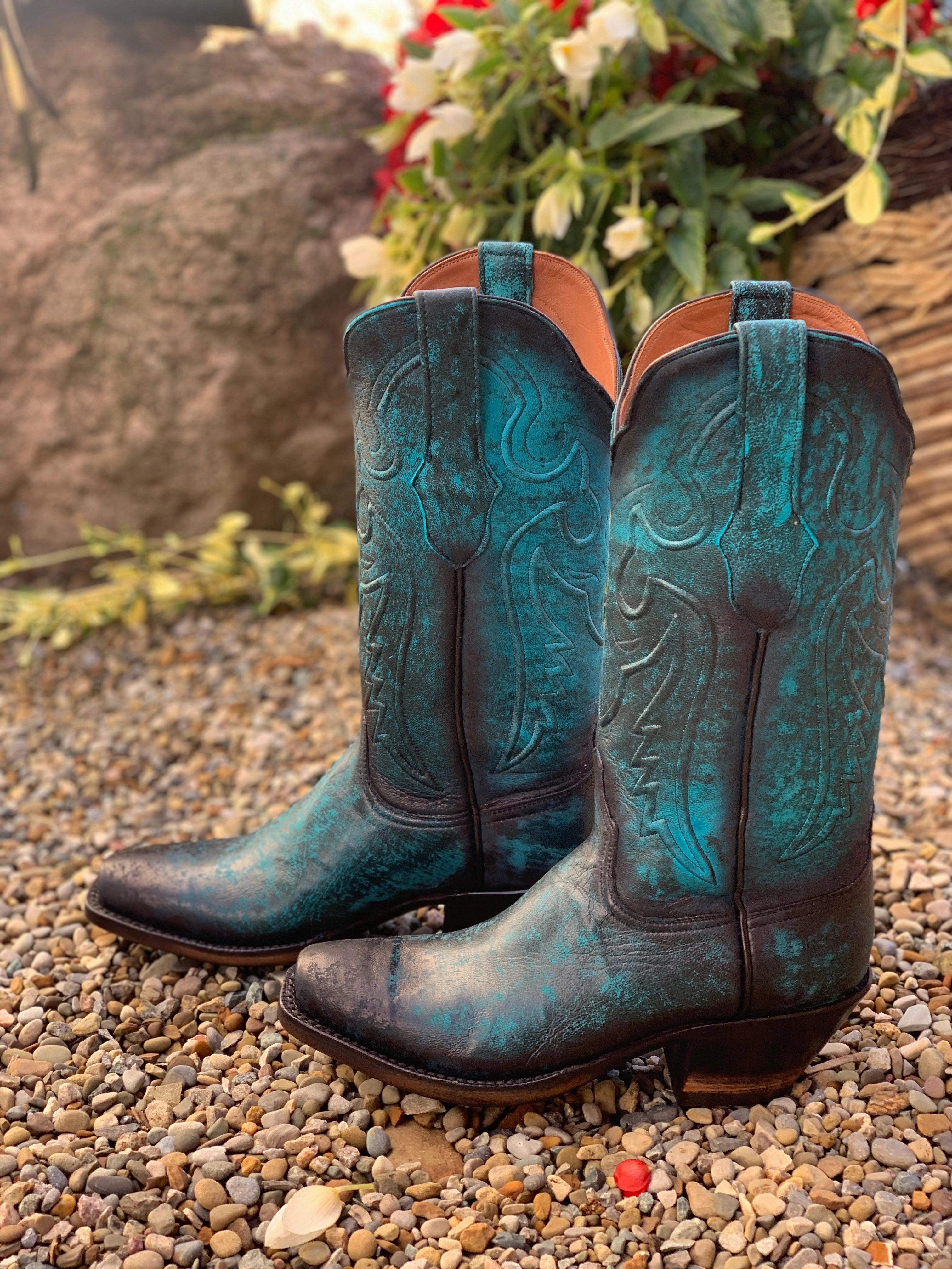 Cold resistant Outdoor Ready Black Jack Womens Antique Turquoise Lambskin Leather Cowgirl Boots 549-V5