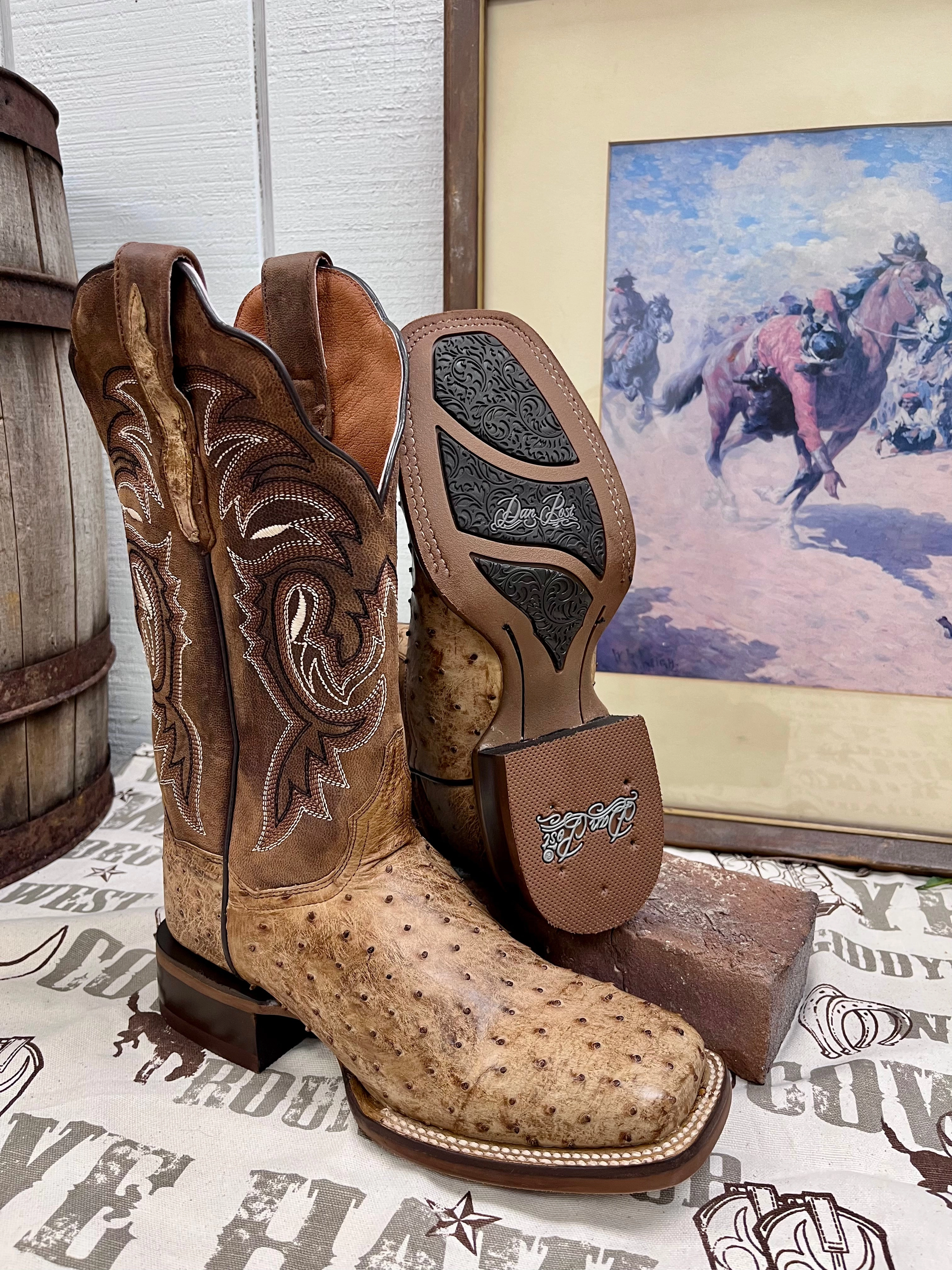 Dan Post Women's Kylo Tan Full Quill Ostrich & Chocolate Top Cowgirl Boots DP3011 Sleek Fit Trendy