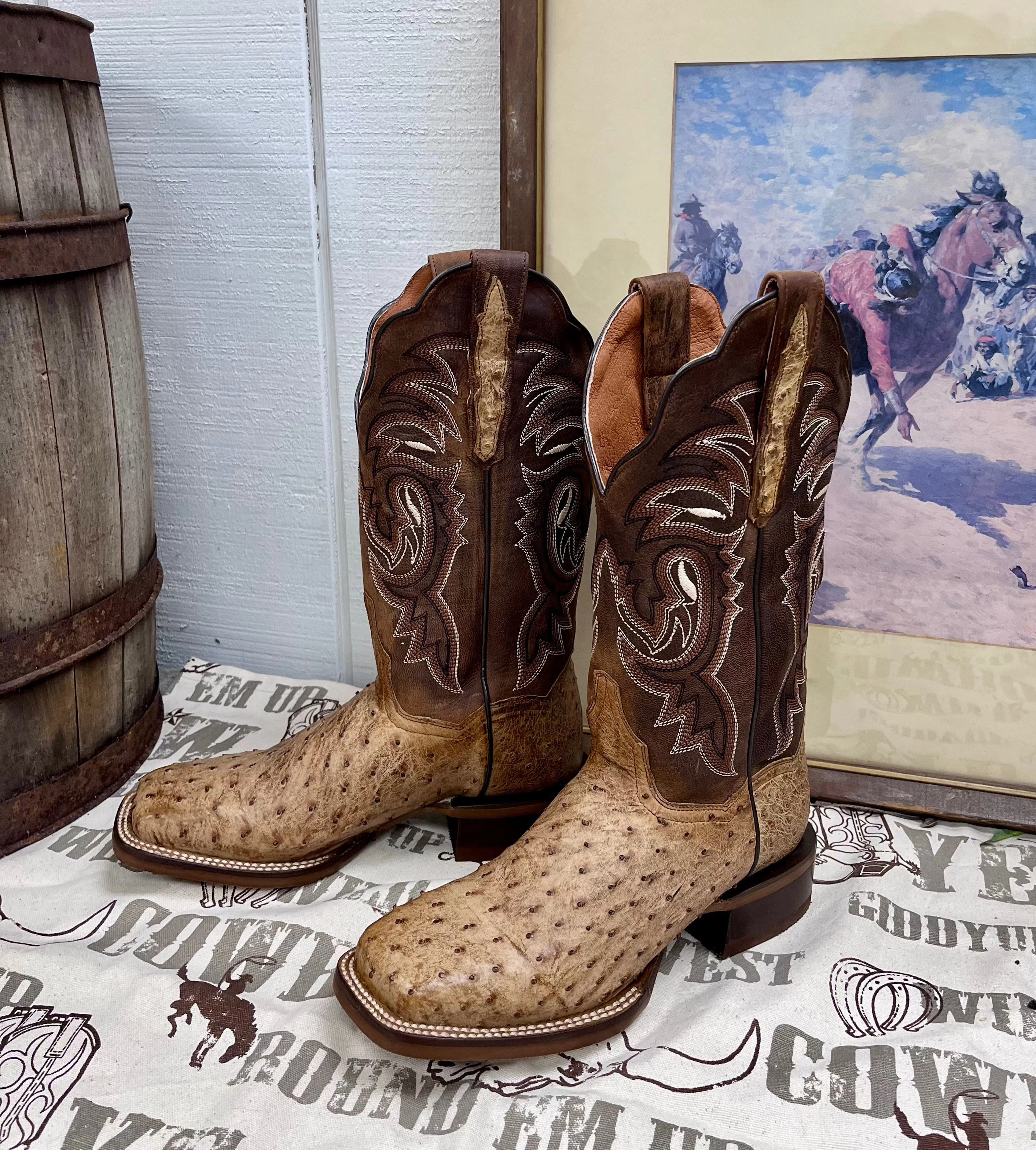Cushioned Base Quick Slip Dan Post Women's Kylo Tan Full Quill Ostrich & Chocolate Top Cowgirl Boots DP3011