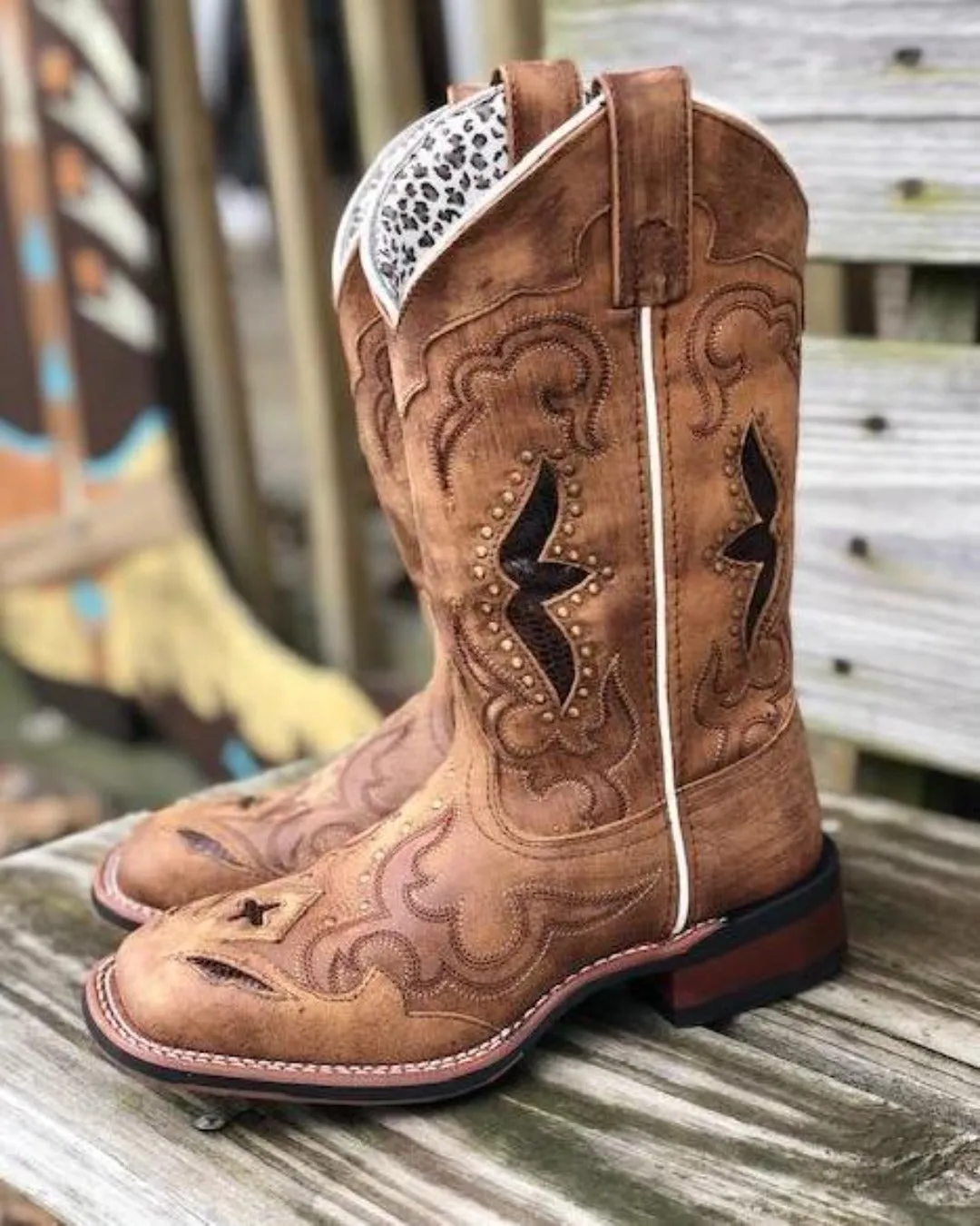 Laredo Women's Tan Leather Spellbound Snake Print Underlay Square Toe Cowgirl Boots 5661 Synthetic outdoor chill